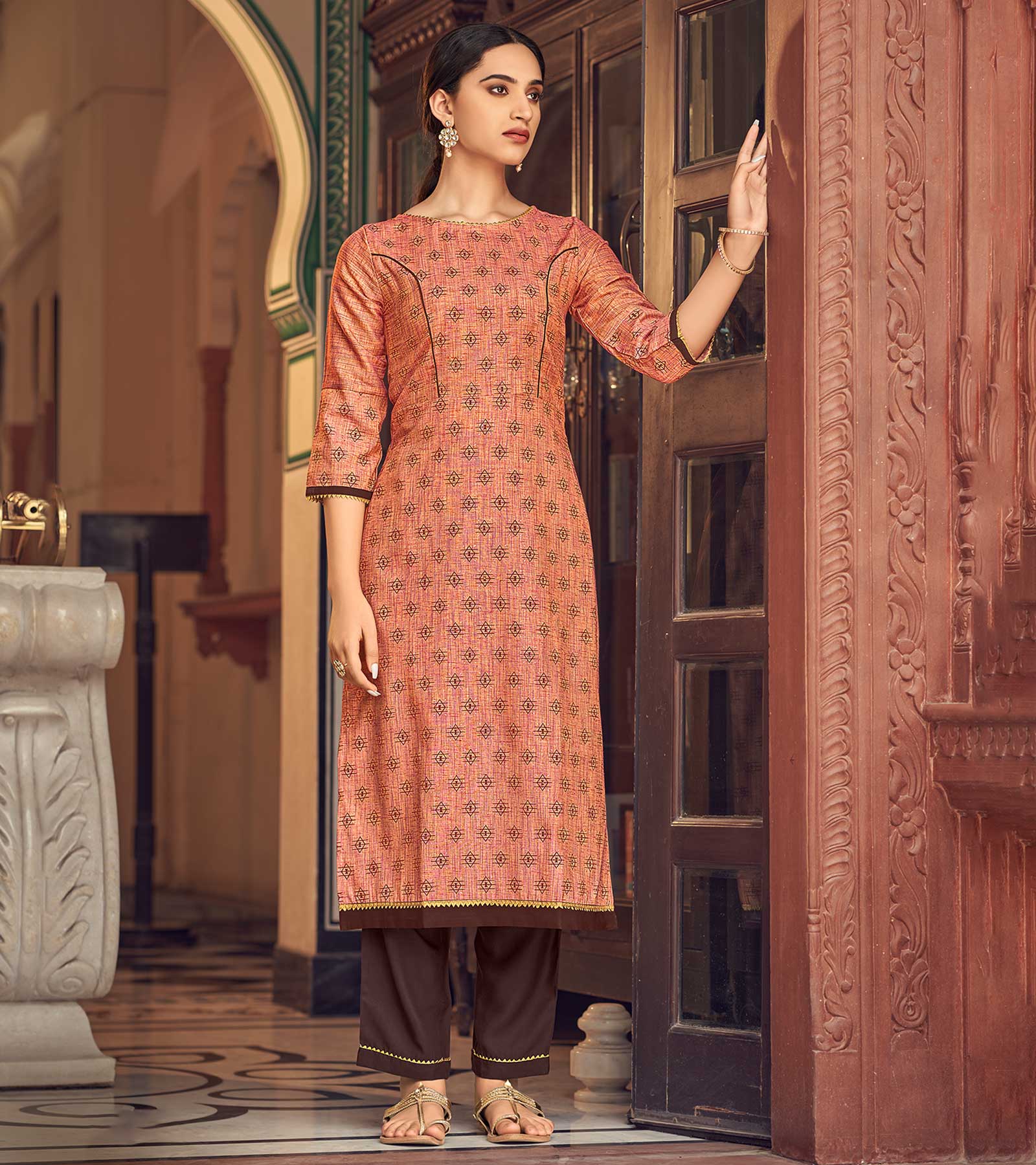 Laxmipati Cotton Orange Straight Cut Kurti With Pant