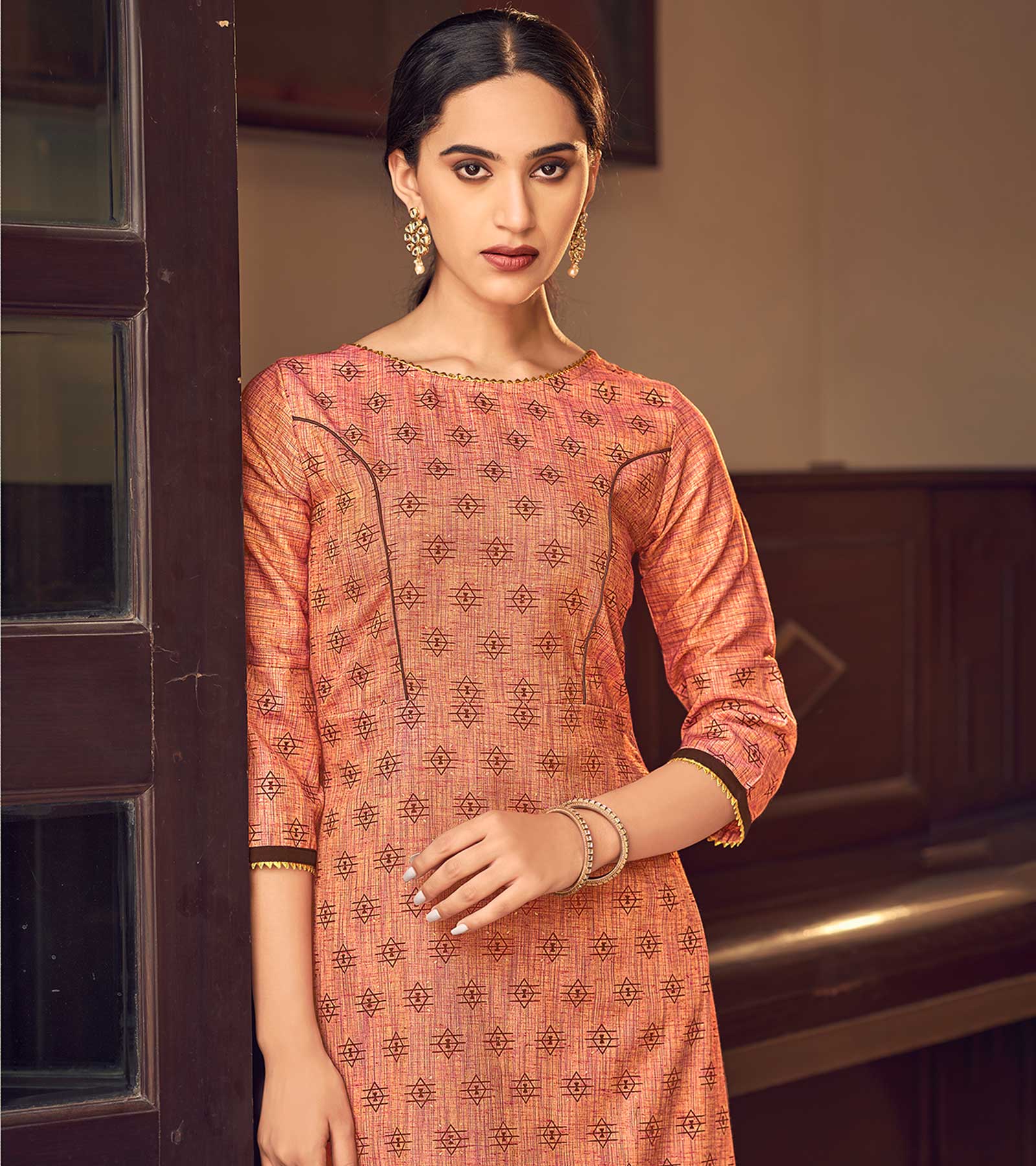 Laxmipati Cotton Orange Straight Cut Kurti With Pant