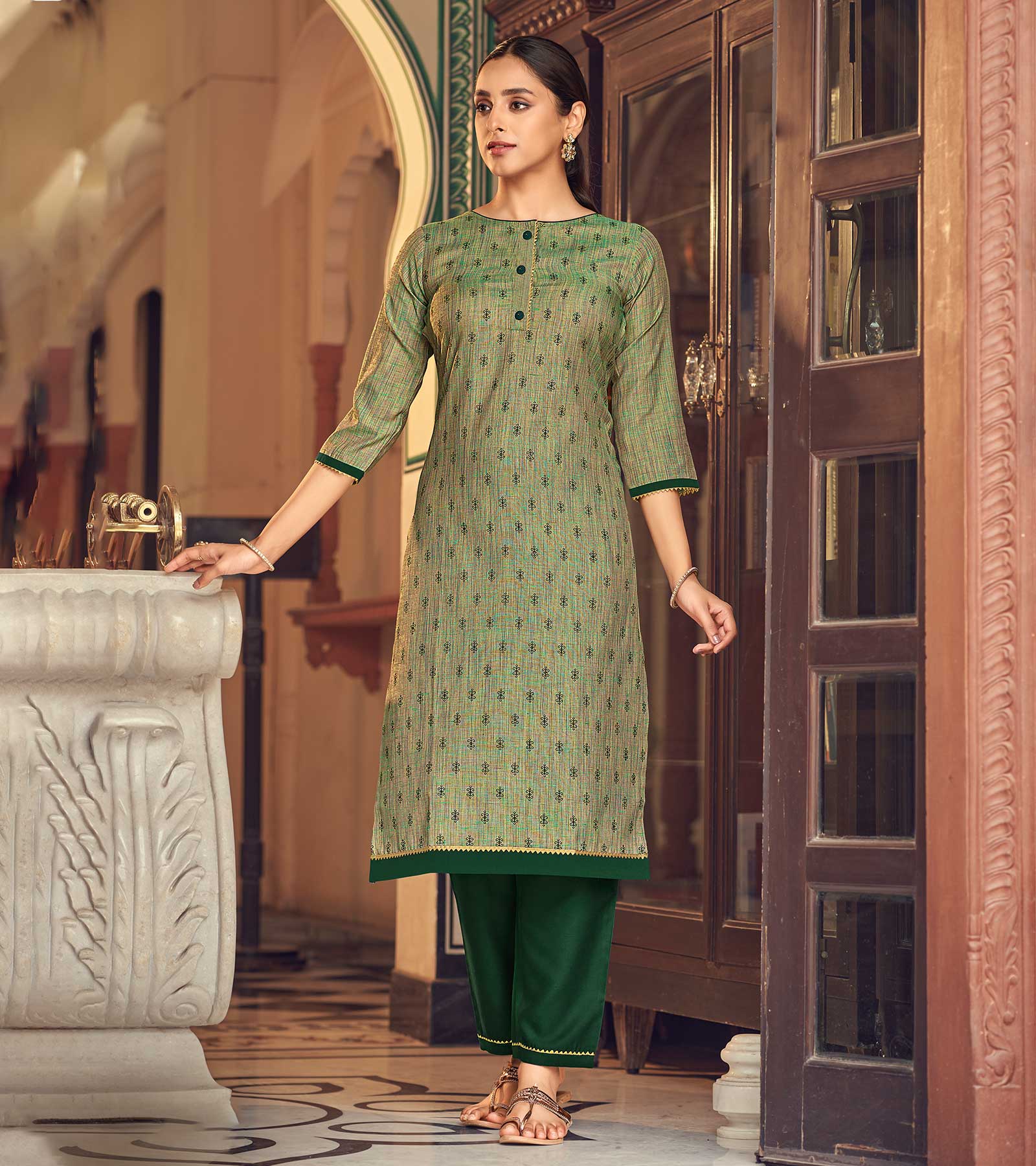 Laxmipati Cotton Green Straight Cut Kurti With Pant