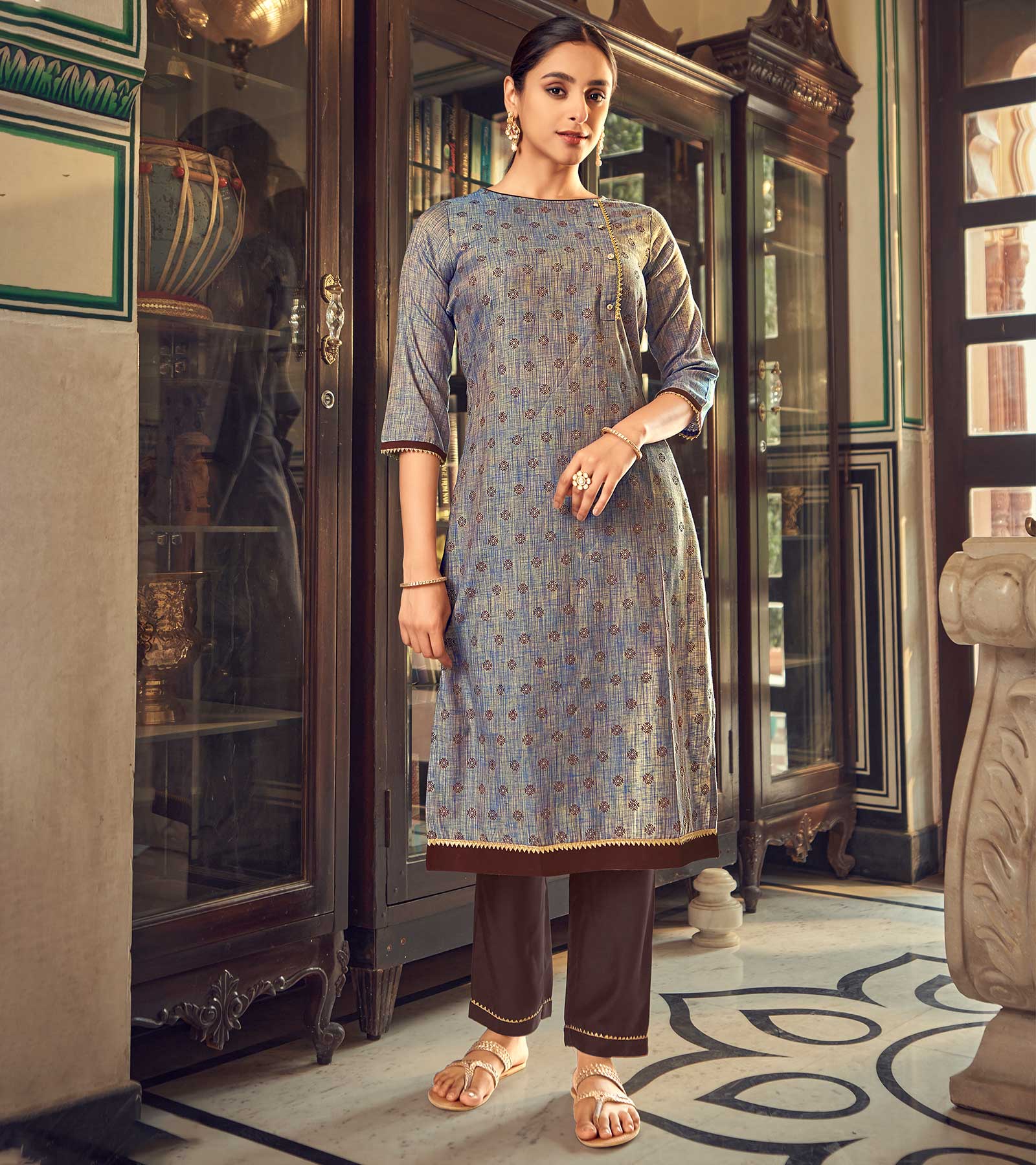 Laxmipati Cotton Steel Gray Straight Cut Kurti With Pant