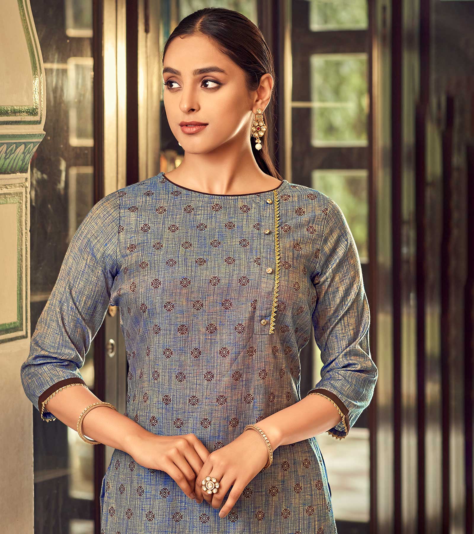 Laxmipati Cotton Steel Gray Straight Cut Kurti With Pant