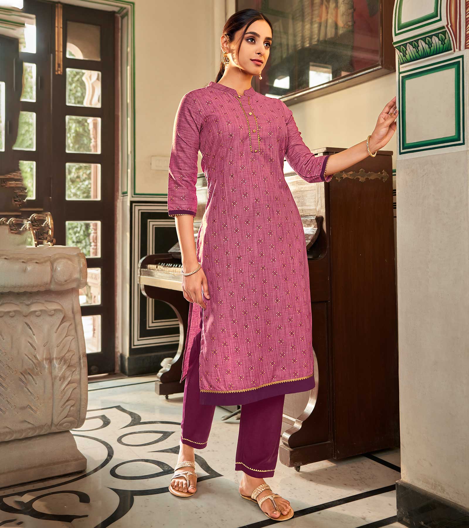 Laxmipati Cotton Pink Straight Cut Kurti With Pant