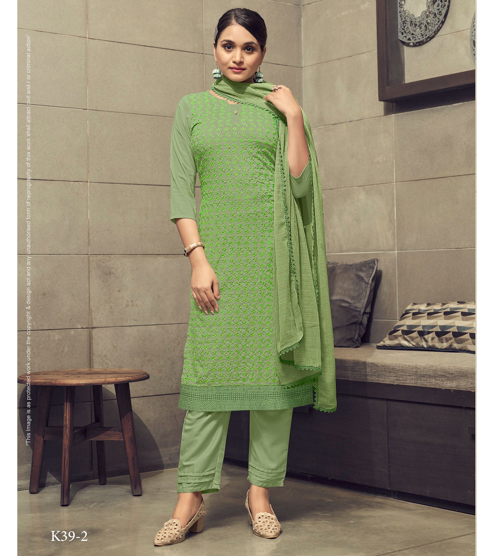 Laxmipati Vriteka Muslin Witty Green Straight Cut Kurti With Pant & Dupatta