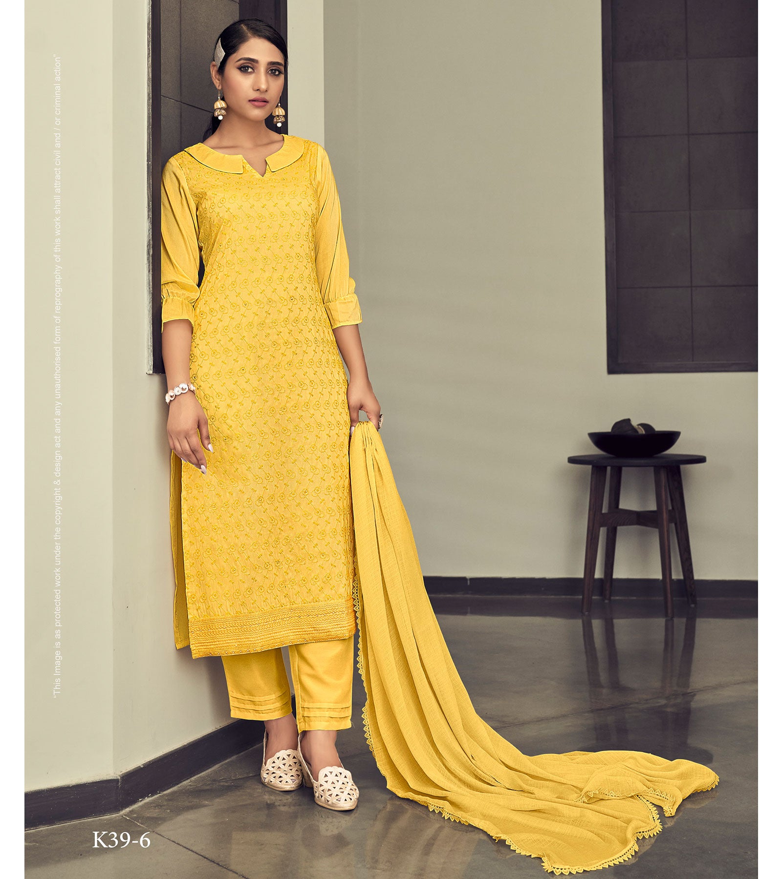 Laxmipati Vriteka Muslin Yellow Straight Cut Kurti With Pant & Dupatta