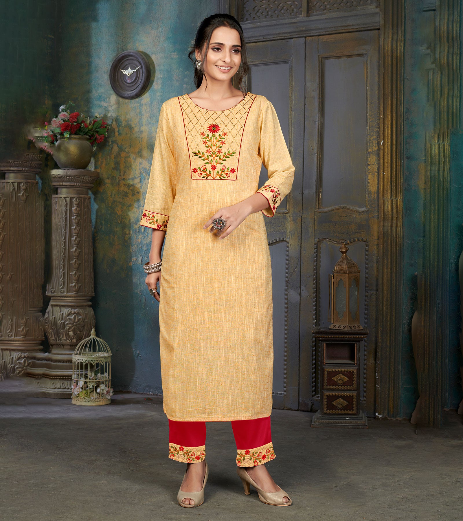 Laxmipati Cotton Polo Flex Milky Yellow Classy Straight Kurti With Simple Neck , While The Embroidery Detailed Bodice And Trims Add A Traditional Finishing Touch. Along With Pant