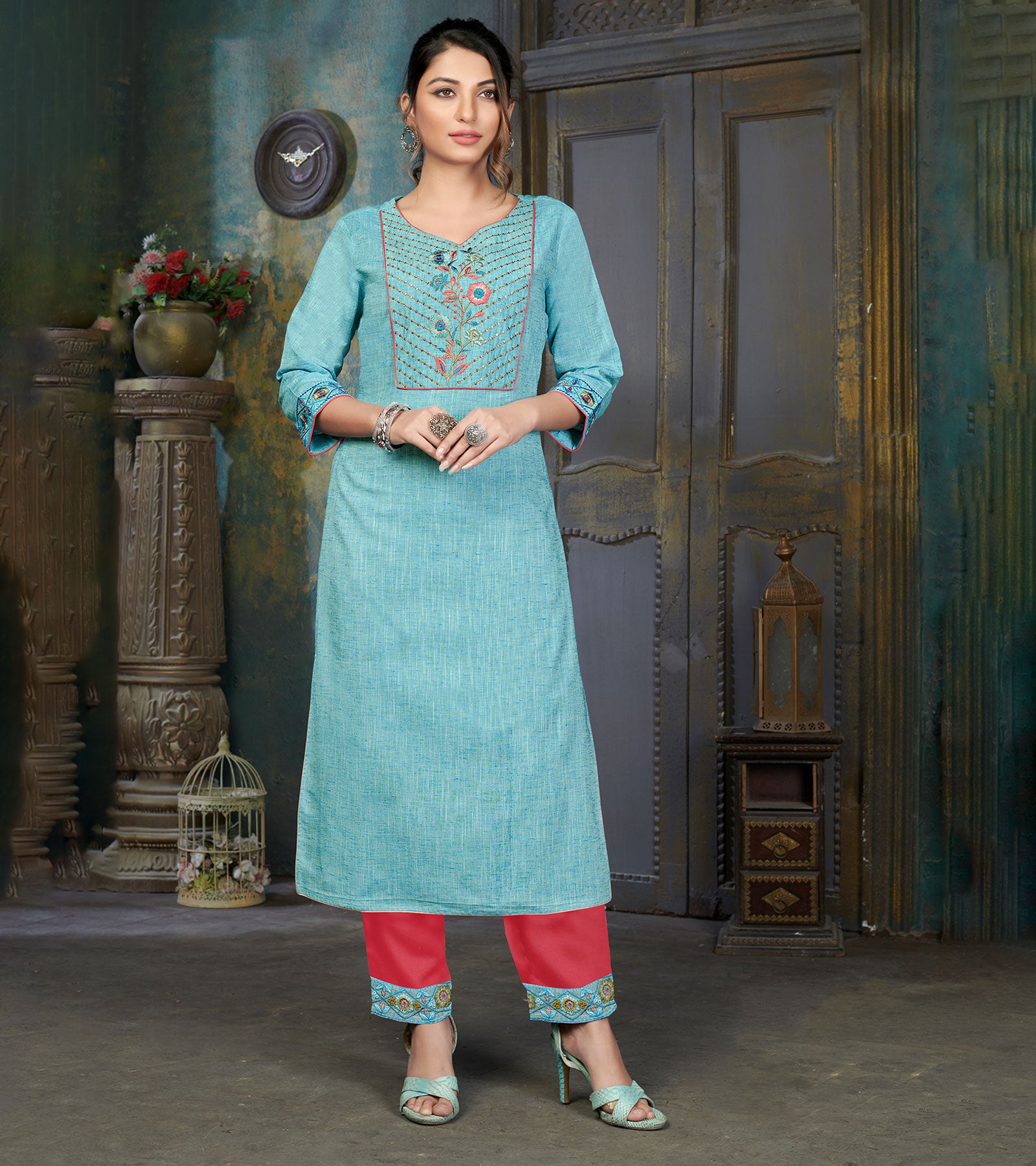 Laxmipati Cotton Polo Flex Sky Blue Classy Straight Kurti With Simple Neck , While The Embroidery Detailed Bodice And Trims Add A Traditional Finishing Touch. Along With Pant