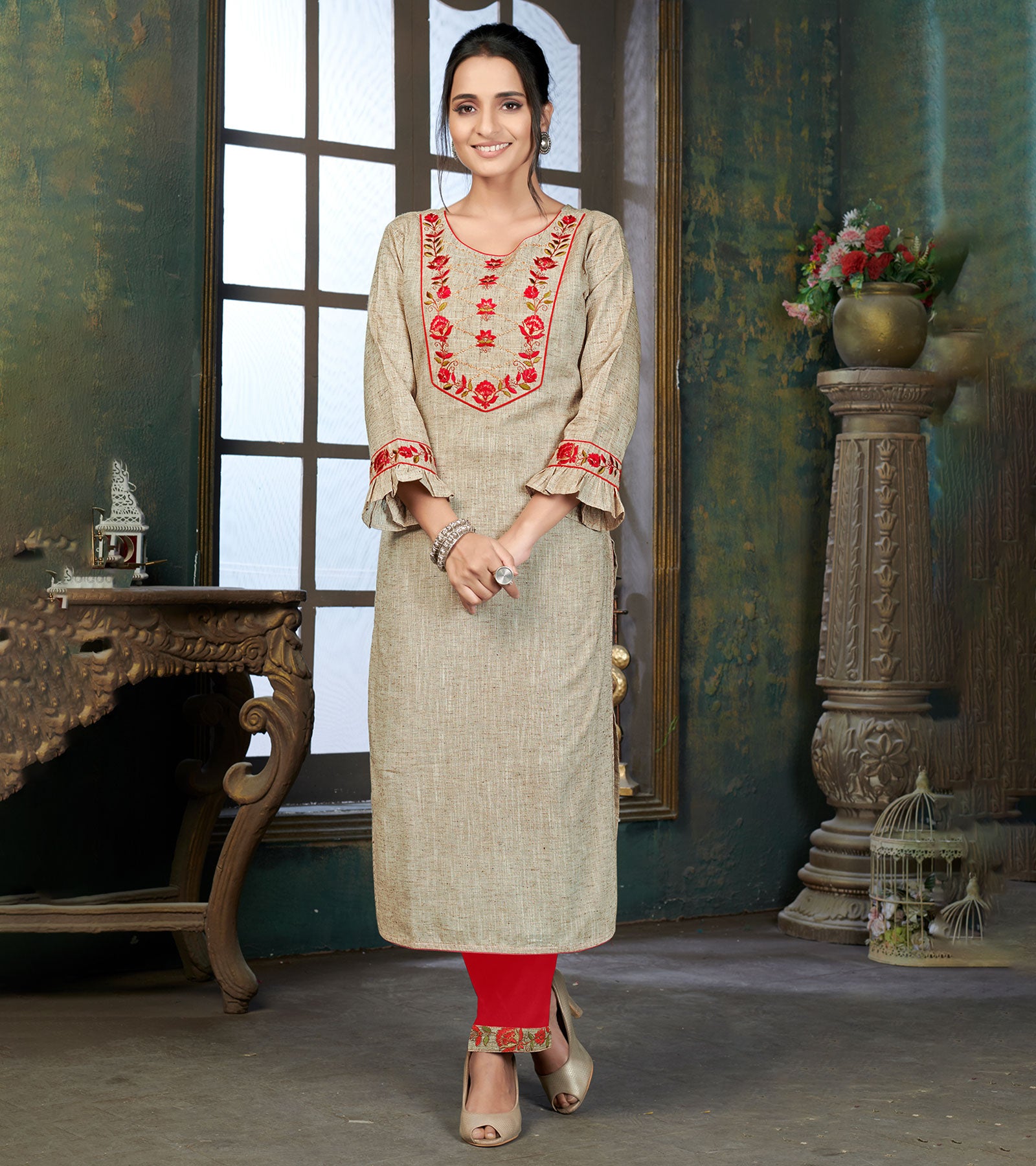 Laxmipati Cotton Polo Flex Venila Brown Classy Straight Kurti With Simple Neck , While The Embroidery Detailed Bodice And Trims Add A Traditional Finishing Touch. Along With Pant