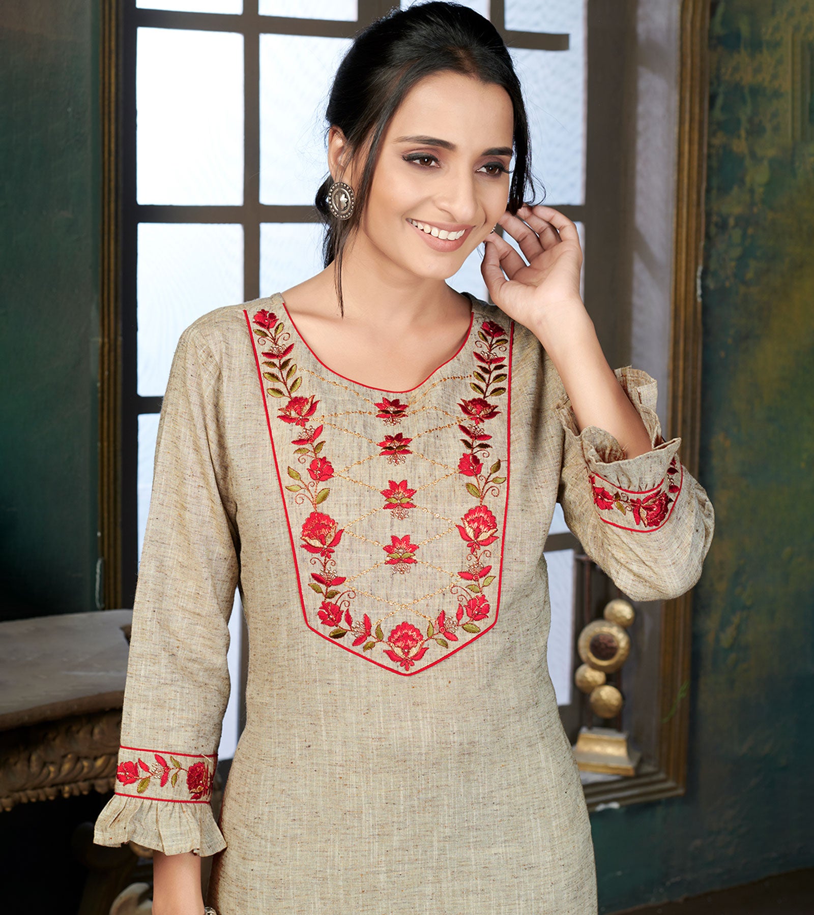 Laxmipati Cotton Polo Flex Venila Brown Classy Straight Kurti With Simple Neck , While The Embroidery Detailed Bodice And Trims Add A Traditional Finishing Touch. Along With Pant