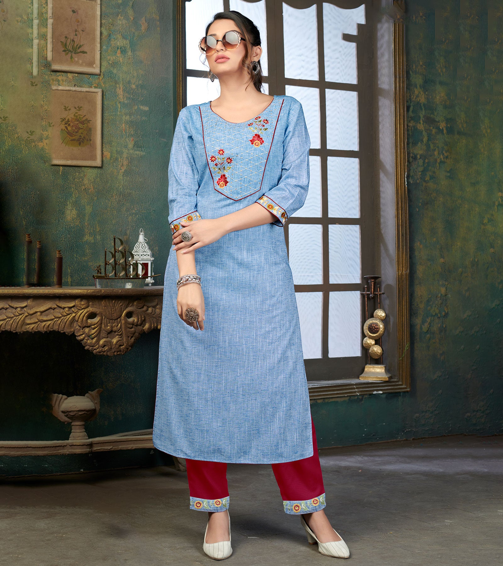 Laxmipati Cotton Polo Flex Whale Blue Classy Straight Kurti With Simple Neck , While The Embroidery Detailed Bodice And Trims Add A Traditional Finishing Touch. Along With Pant