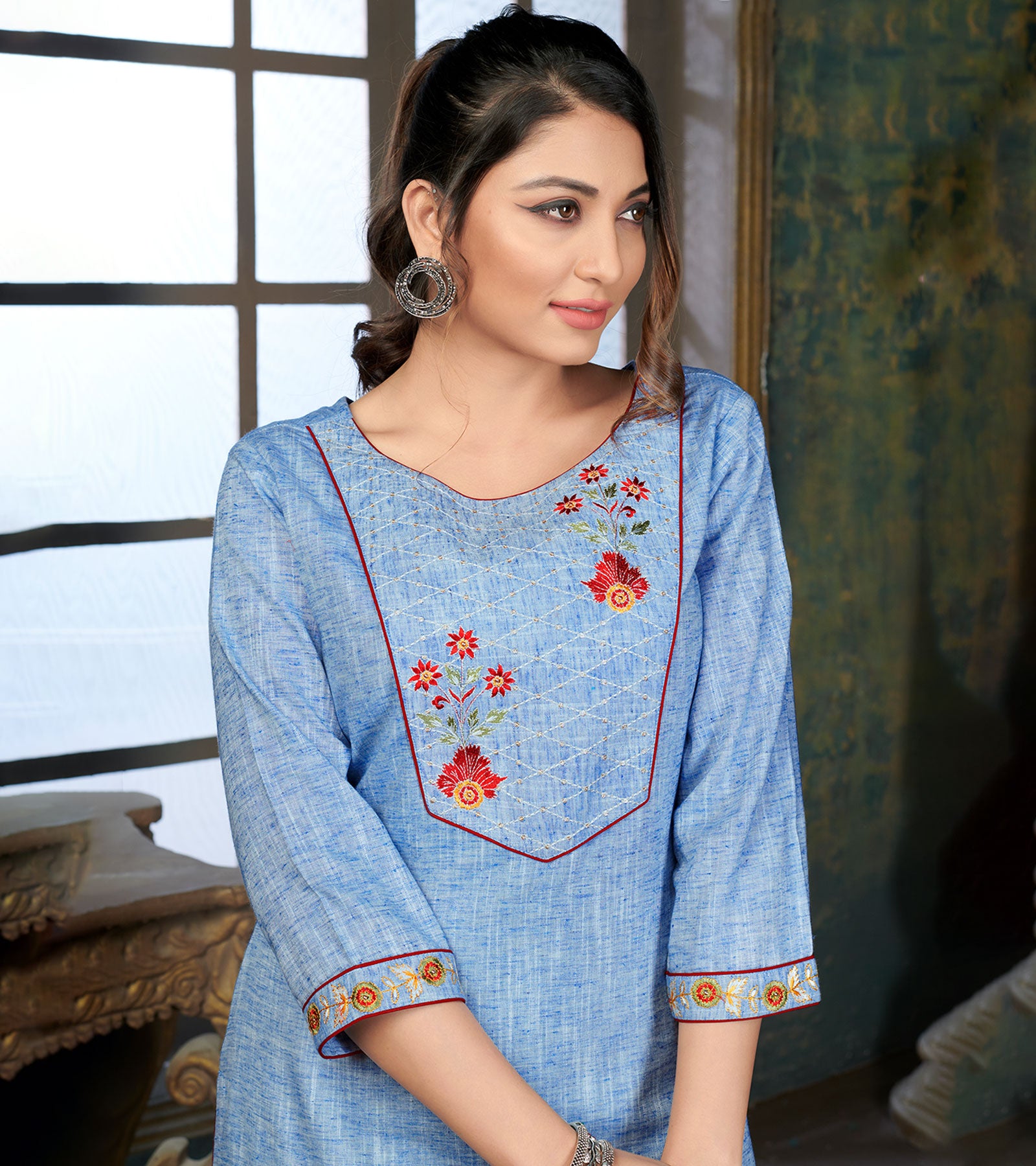 Laxmipati Cotton Polo Flex Whale Blue Classy Straight Kurti With Simple Neck , While The Embroidery Detailed Bodice And Trims Add A Traditional Finishing Touch. Along With Pant