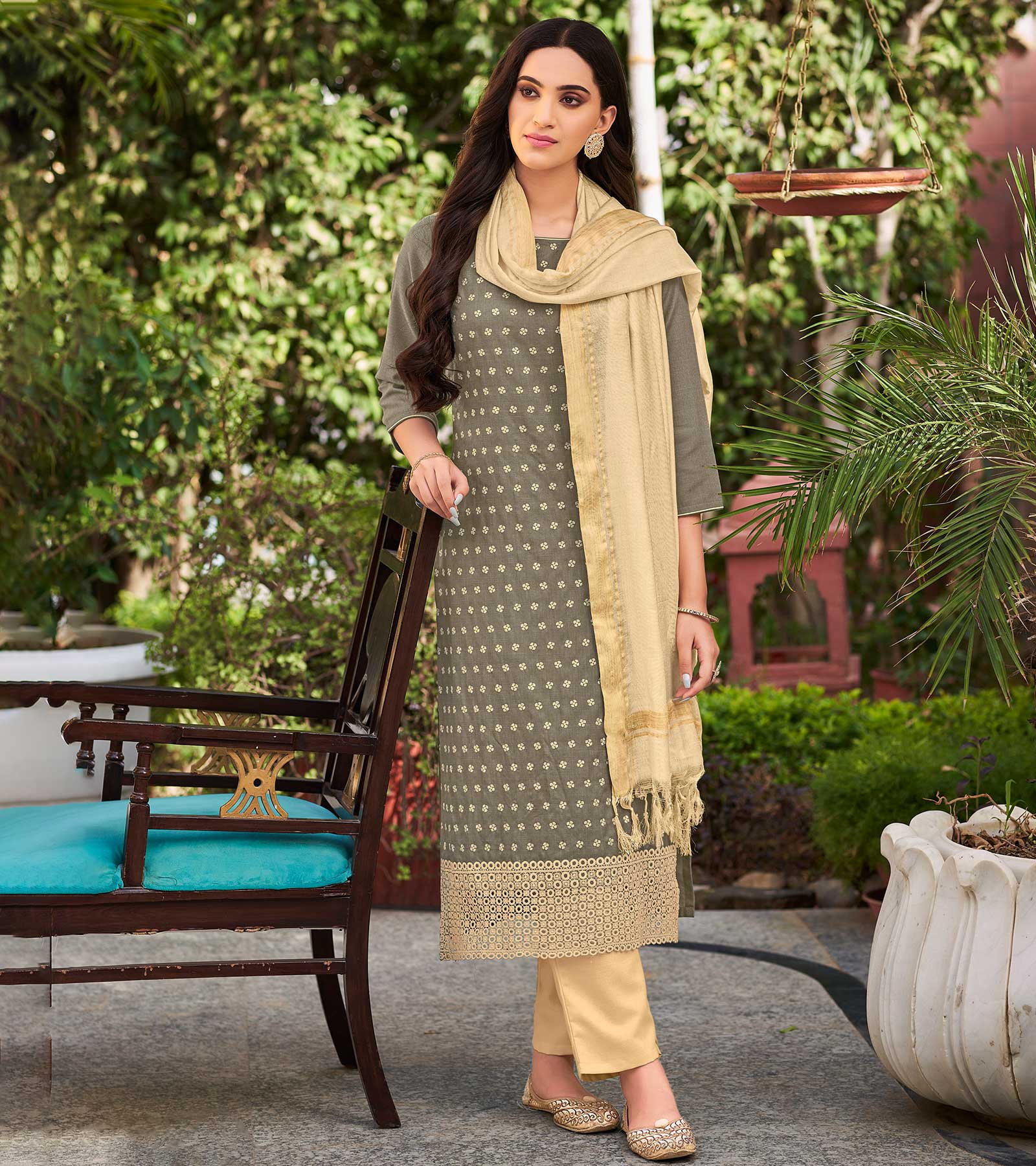 Laxmipati Cotton Slub Grey Straight Schiffli Work Top With Cotton Dupatta And Pant