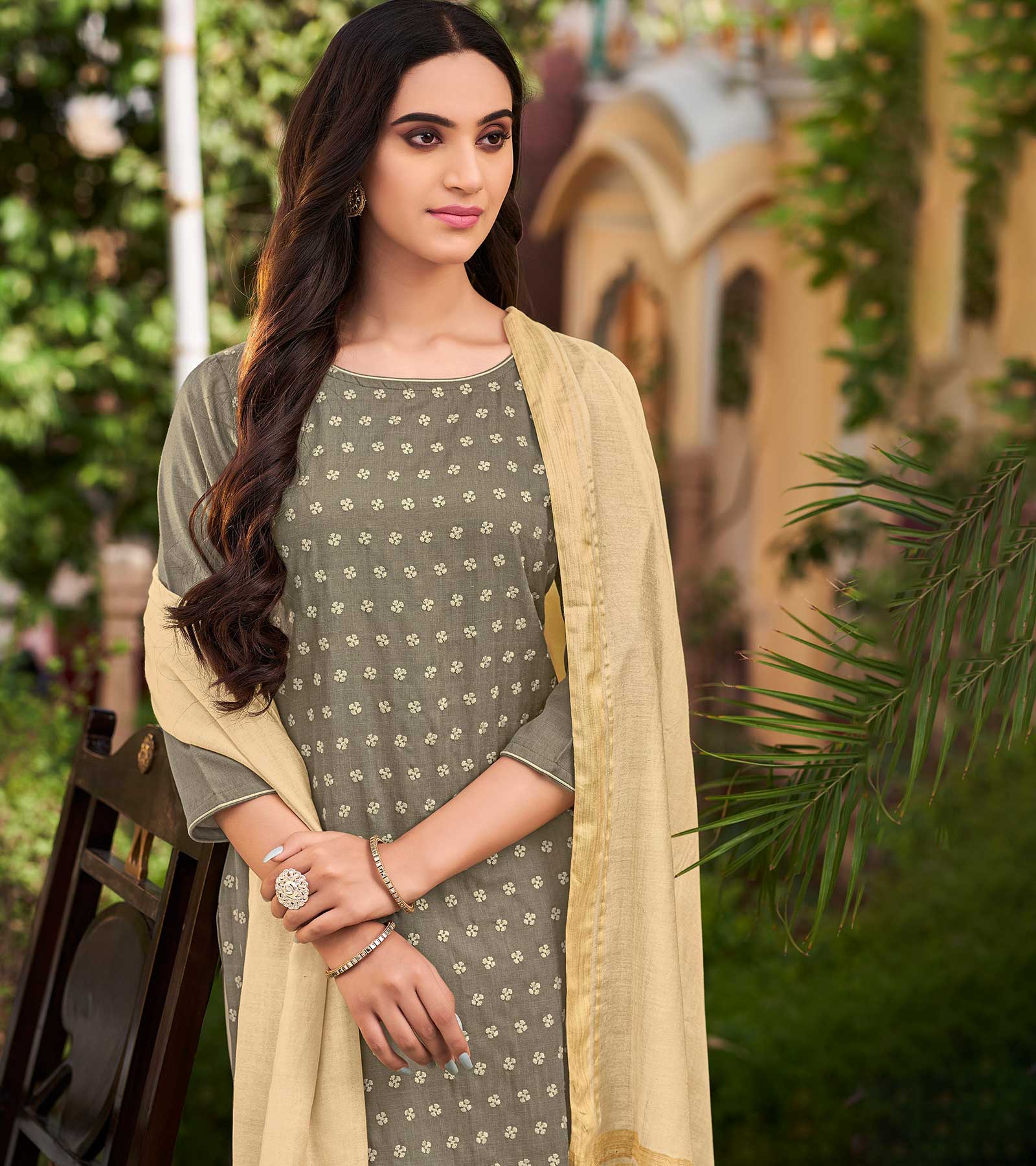 Laxmipati Cotton Slub Grey Straight Schiffli Work Top With Cotton Dupatta And Pant