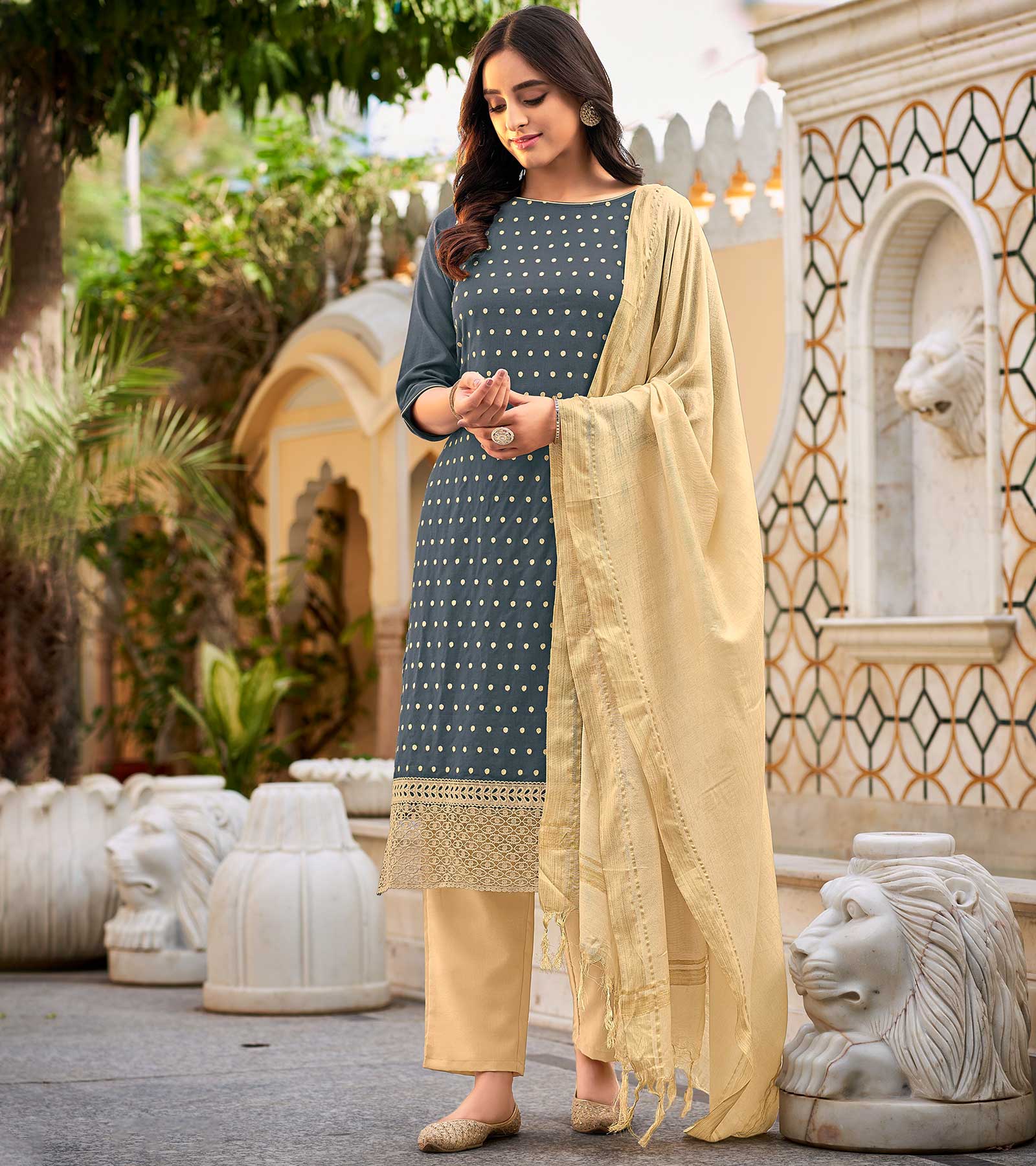 Laxmipati Cotton Slub Dusty Blue Straight Schiffli Work Top With Cotton Dupatta And Pant