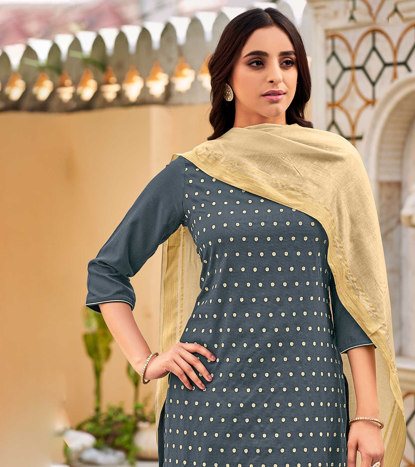 Laxmipati Cotton Slub Dusty Blue Straight Schiffli Work Top With Cotton Dupatta And Pant