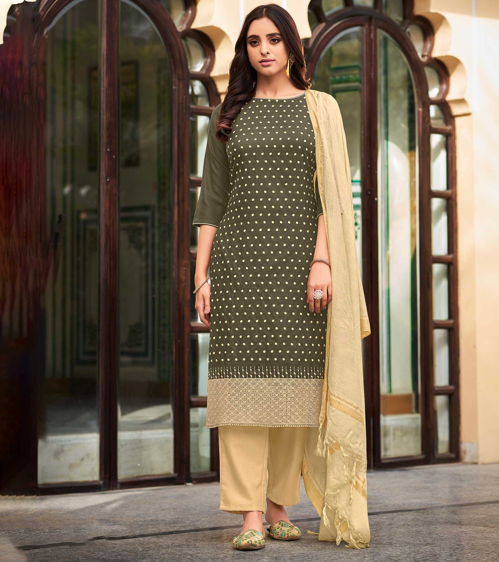 Laxmipati Cotton Slub Dusty Green Straight Schiffli Work Top With Cotton Dupatta And Pant