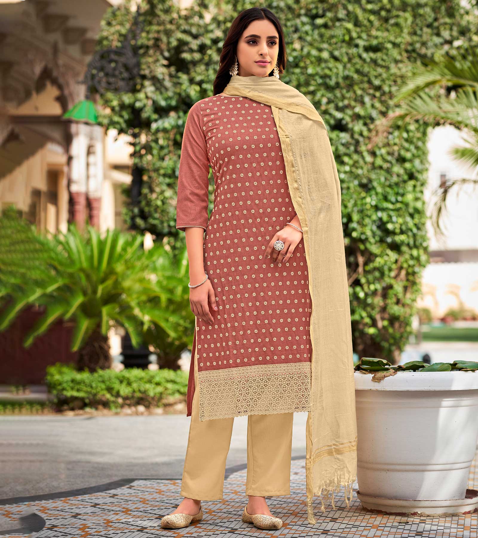 Laxmipati Cotton Slub Rust Straight Schiffli Work Top With Cotton Dupatta And Pant