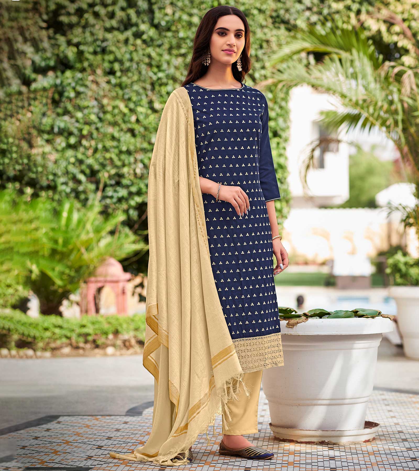 Laxmipati Cotton Slub Navy Blue Straight Schiffli Work Top With Cotton Dupatta And Pant