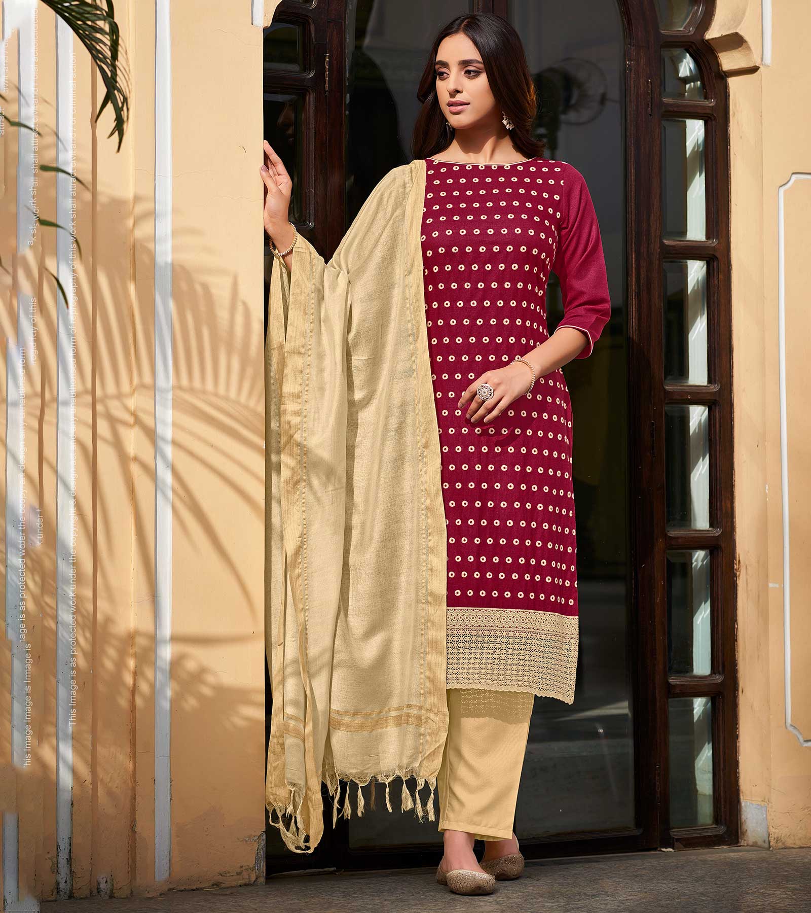 Laxmipati Cotton Slub Maroon Straight Schiffli Work Top With Cotton Dupatta And Pant