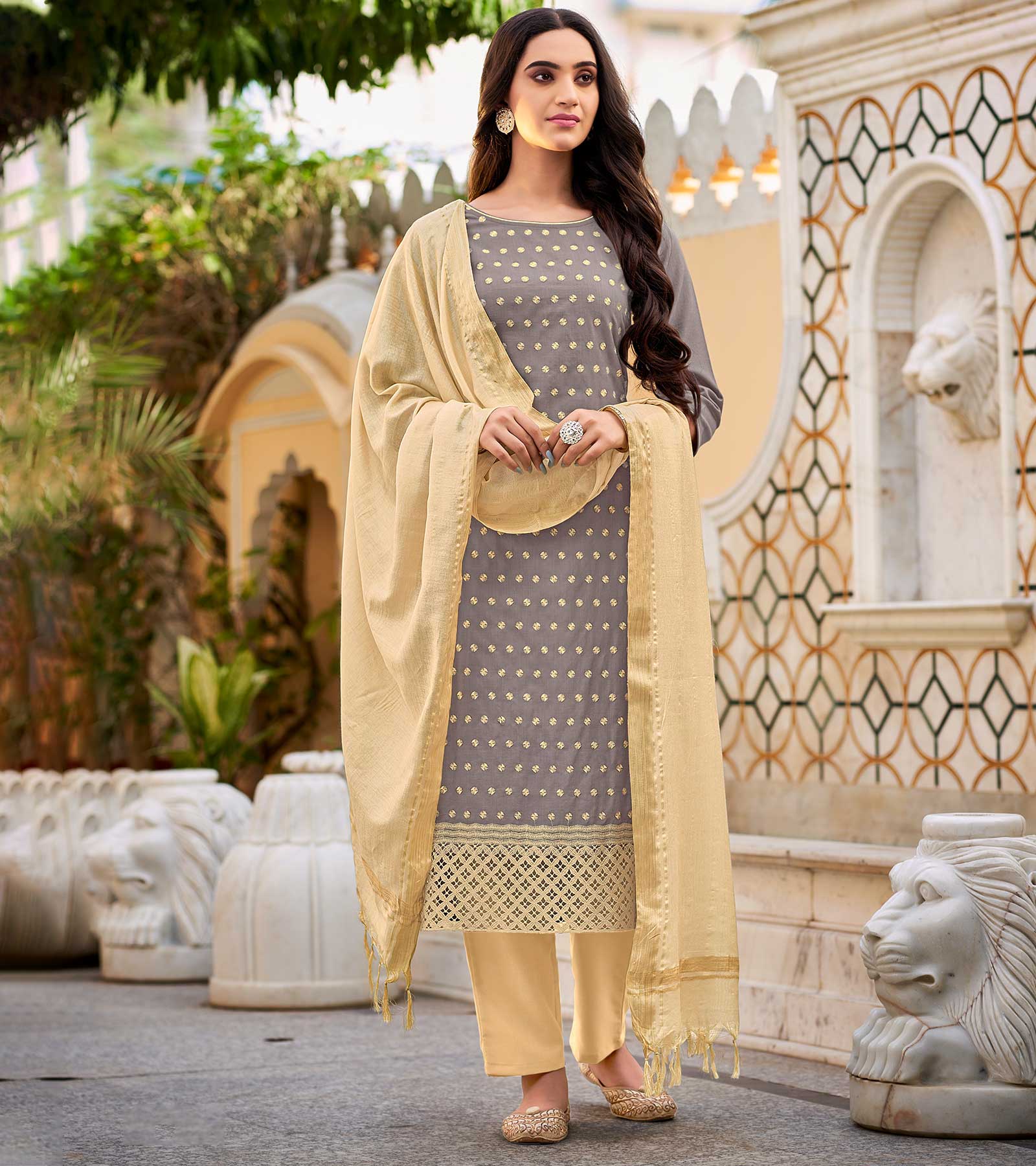 Laxmipati Cotton Slub Dusty Grey Straight Schiffli Work Top With Cotton Dupatta And Pant