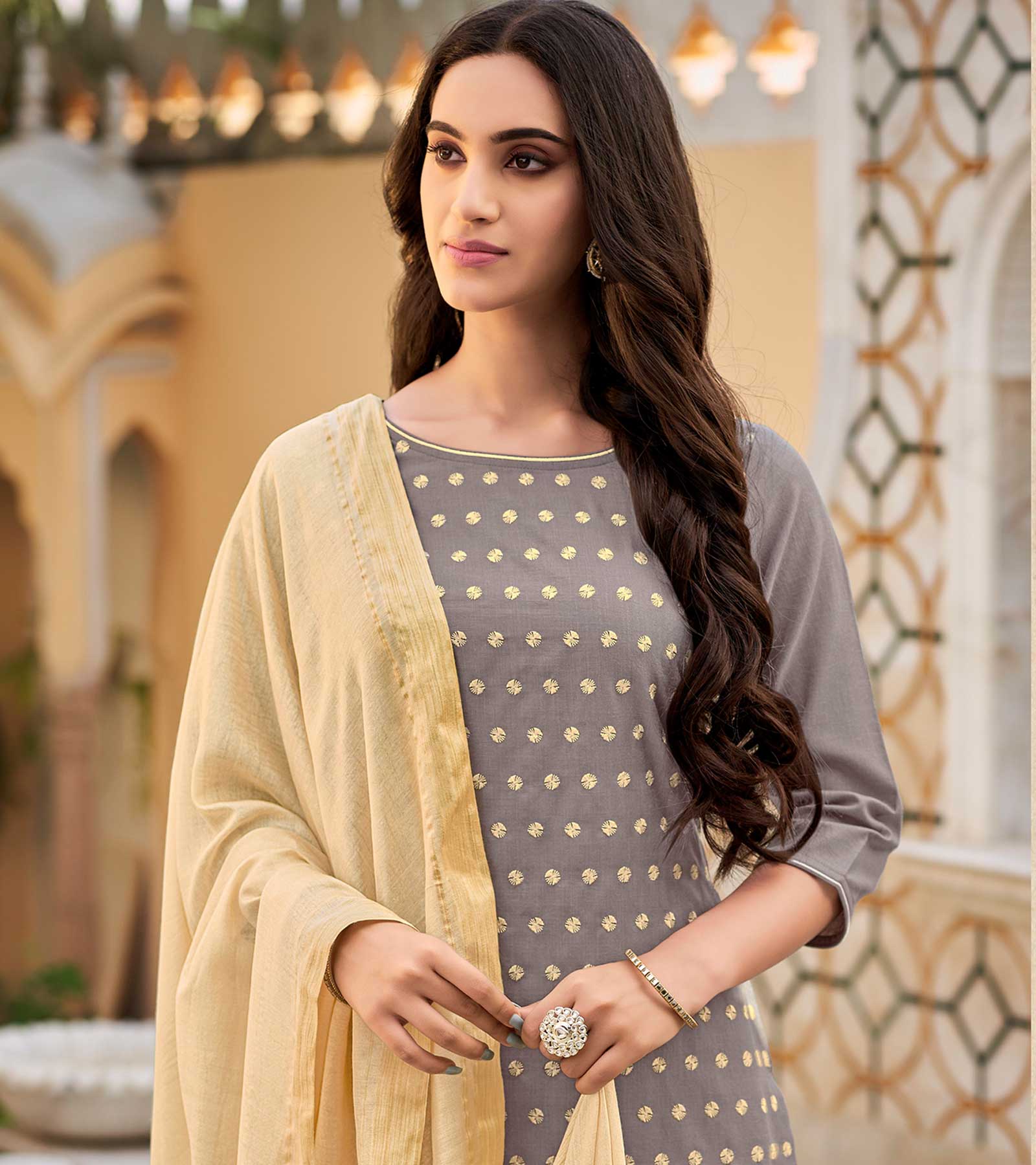 Laxmipati Cotton Slub Dusty Grey Straight Schiffli Work Top With Cotton Dupatta And Pant