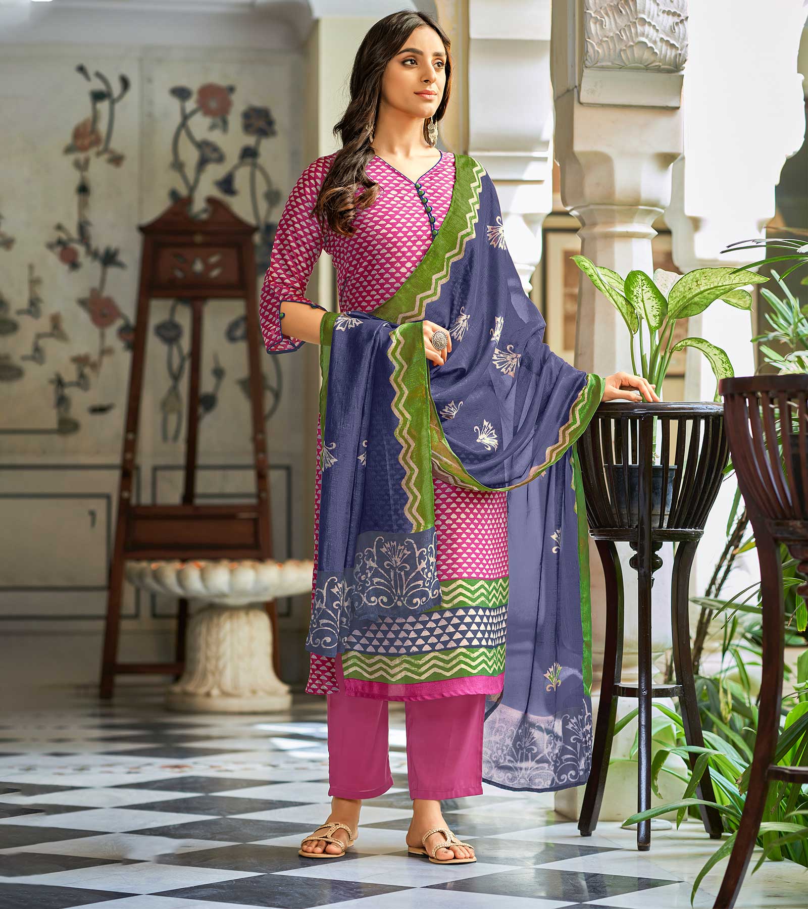 Laxmipati Ekansha K46_1 Jugnoo Viscose Preety Pink Straight Cut Kurti With Pant & Dupatta