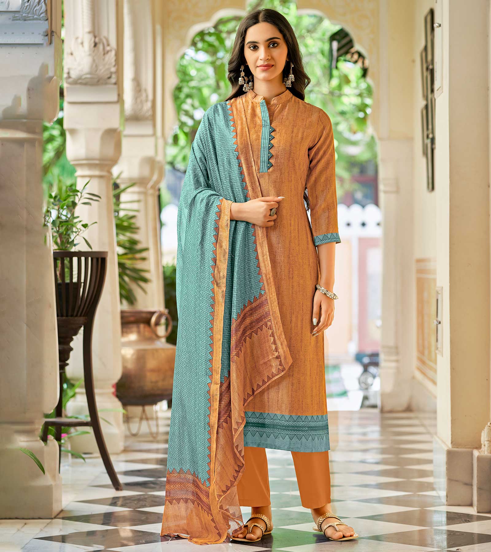 Laxmipati Ekansha K46_2 Jugnoo Viscose Majestic Musturd With Sea Green Straight Cut Kurti With Pant & Dupatta