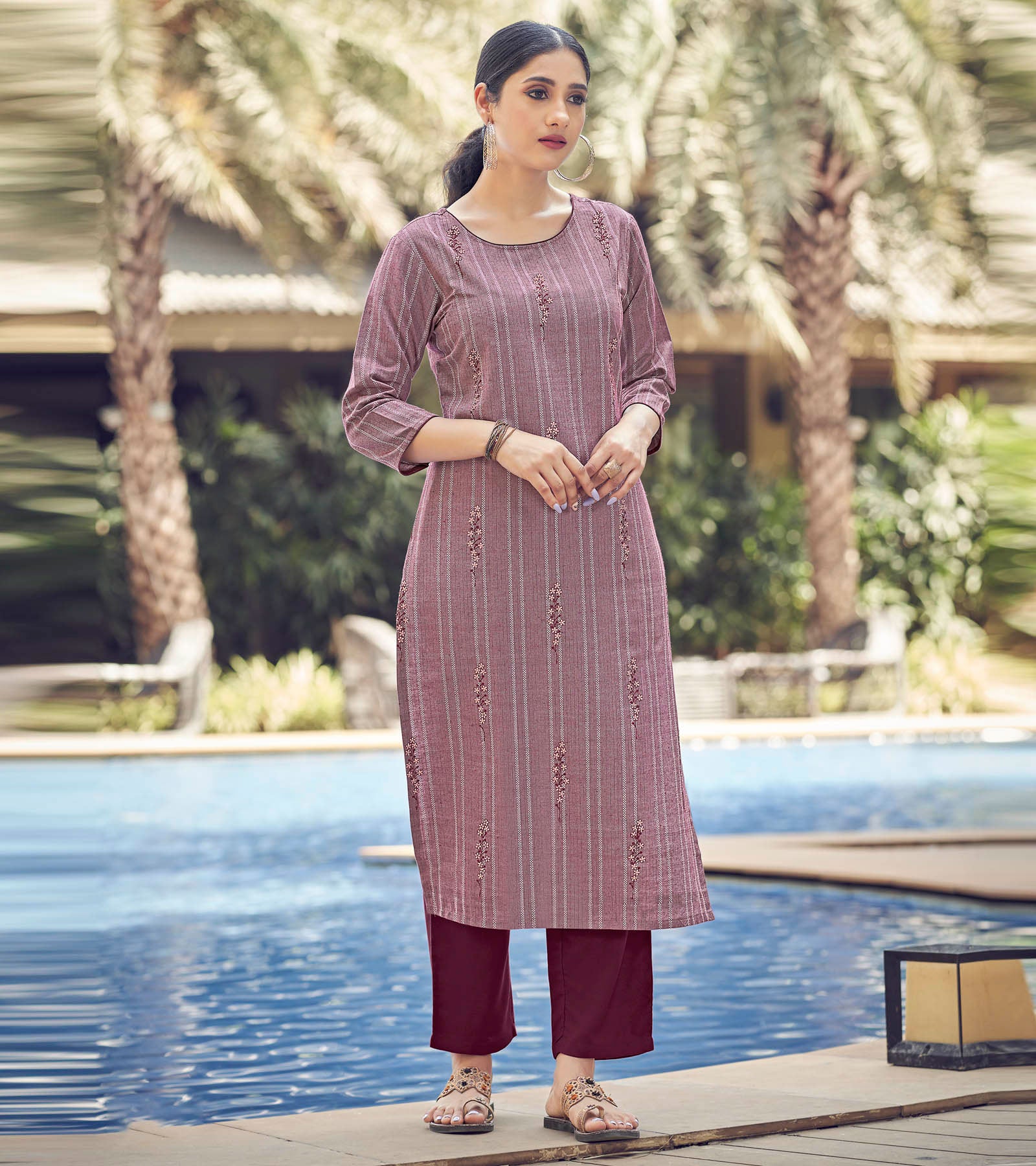 Laxmipati Lily Cotton Rosewood Maroon Straight Kurti With Embroidery Butti