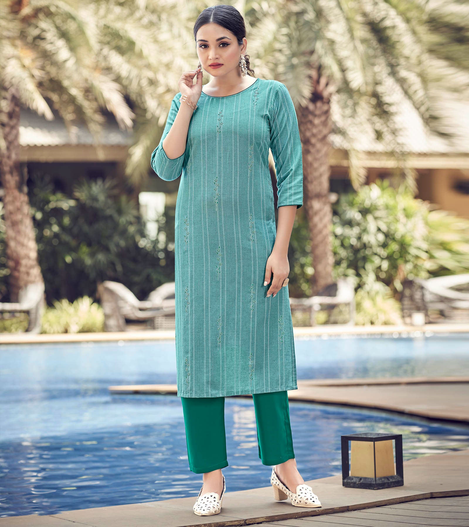 Laxmipati Lily Cotton Teal Blue Straight Kurti With Embroidery Butti