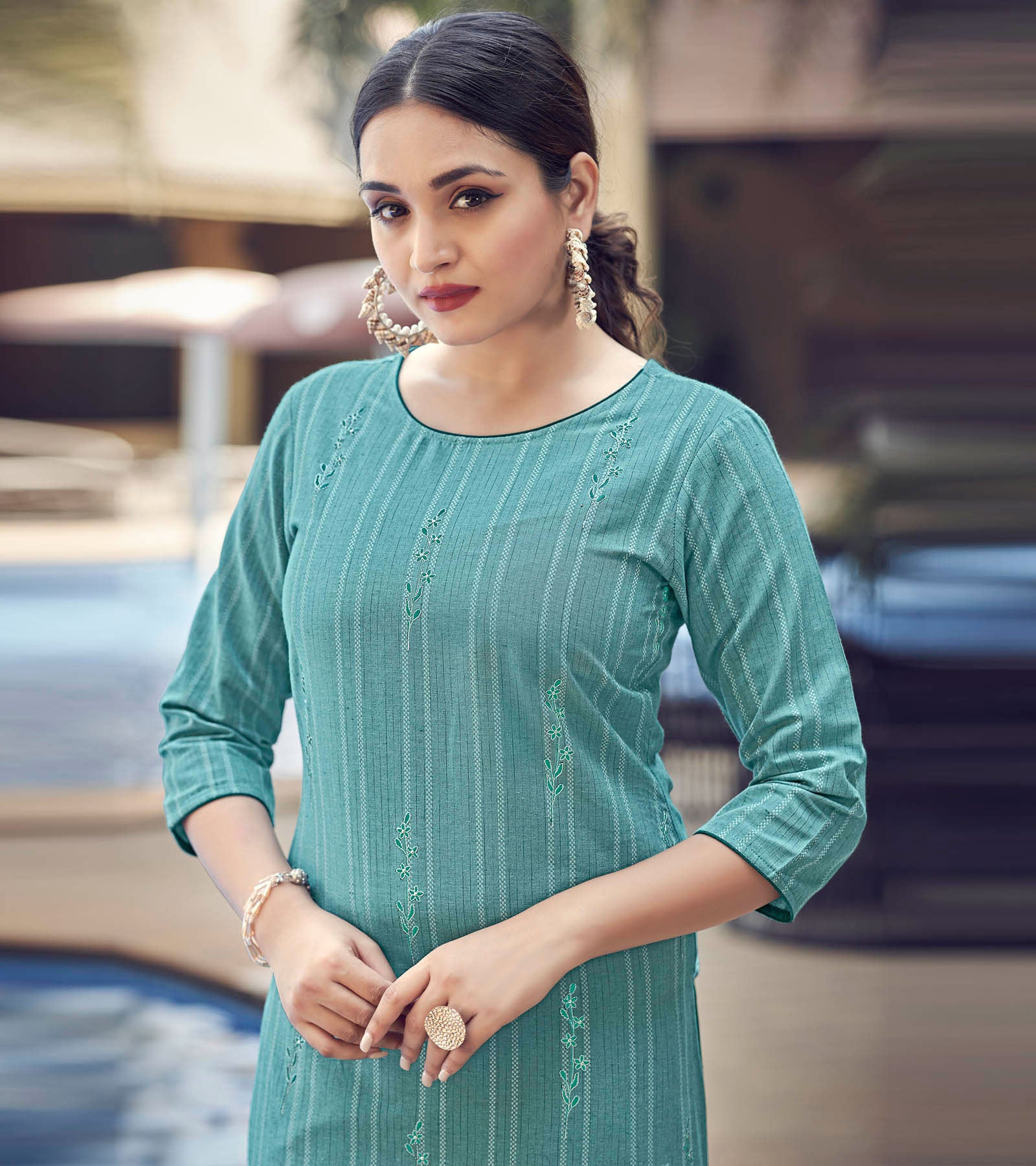 Laxmipati Lily Cotton Teal Blue Straight Kurti With Embroidery Butti