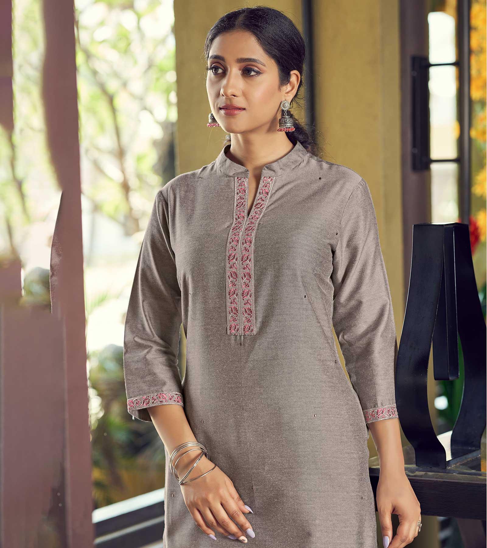 Laxmipati Cotton Pastel Brown Straight Cut Kurti With Pant