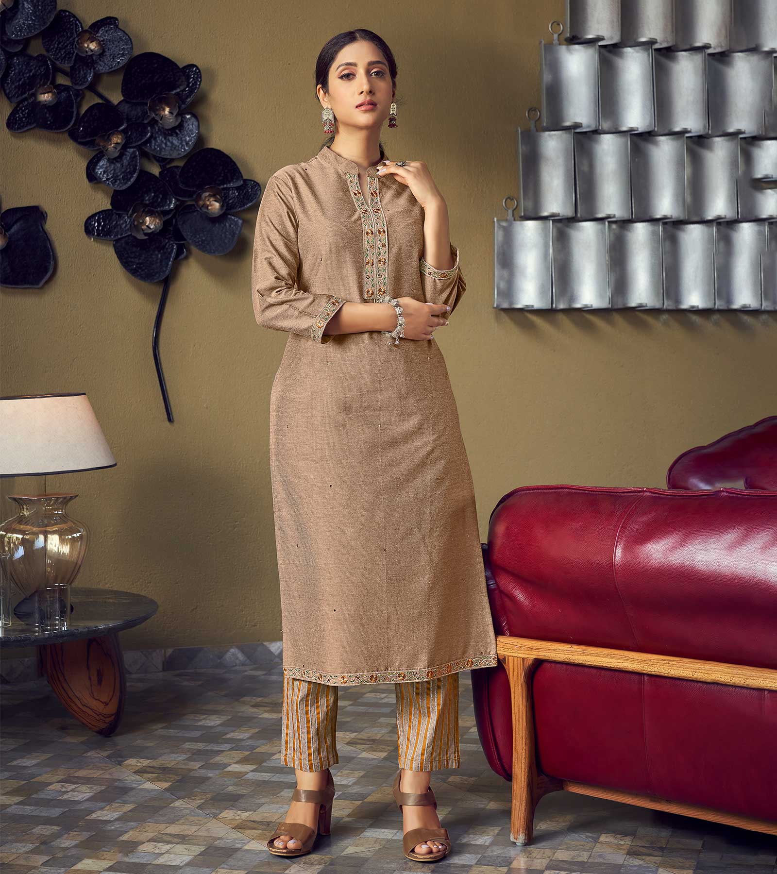 Laxmipati Cotton Sand Color Straight Cut Kurti With Pant