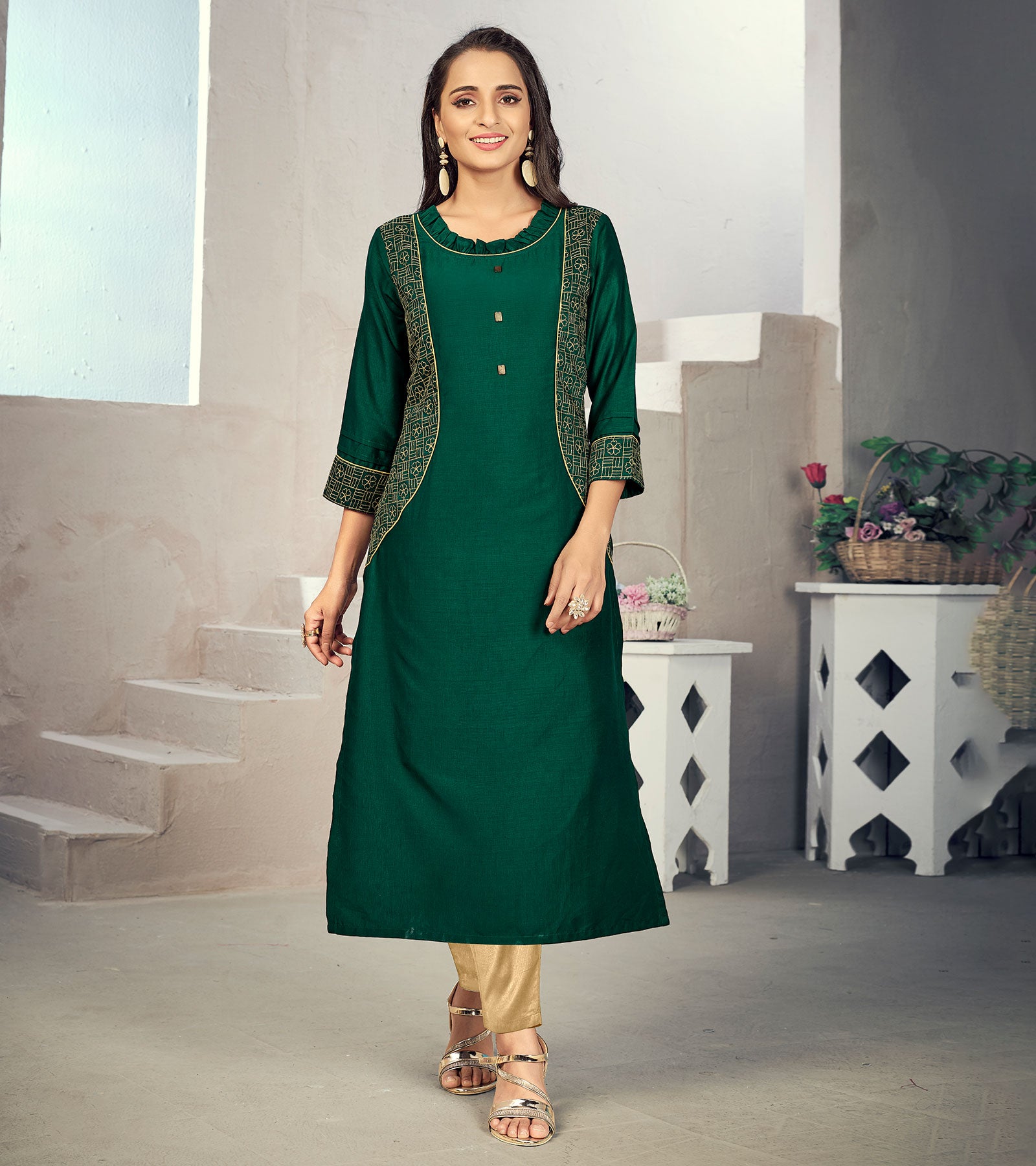 Laxmipati Maslin Sacramento Green Straight Cut Kurti Has Round Neck Variation , Embroidered Cufe & Different Yoke Pattern