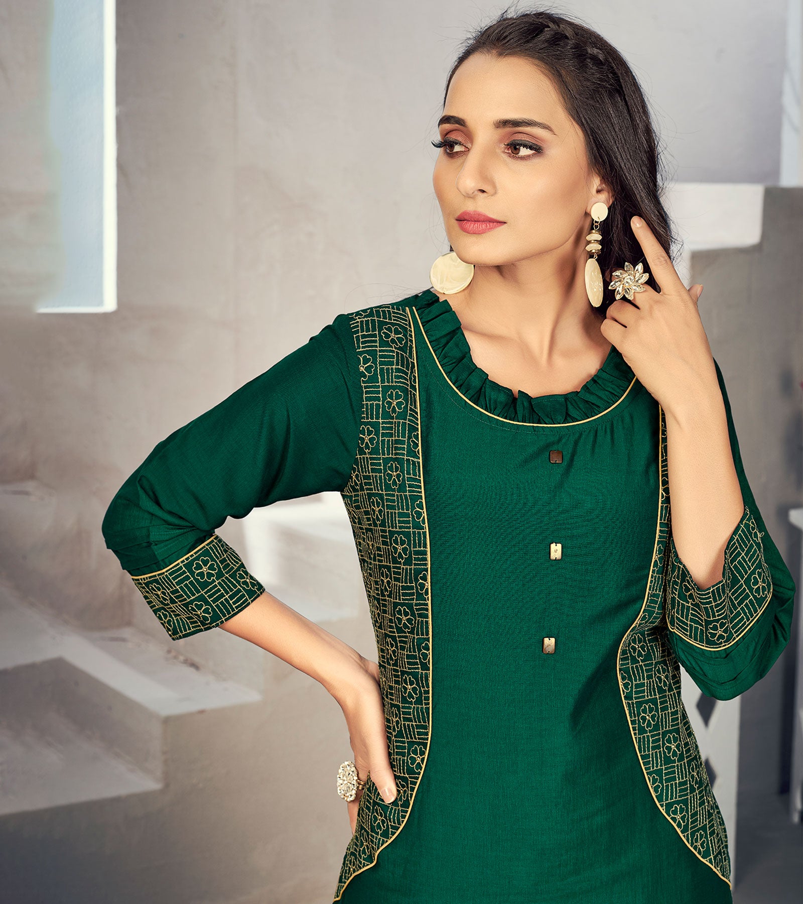 Laxmipati Maslin Sacramento Green Straight Cut Kurti Has Round Neck Variation , Embroidered Cufe & Different Yoke Pattern