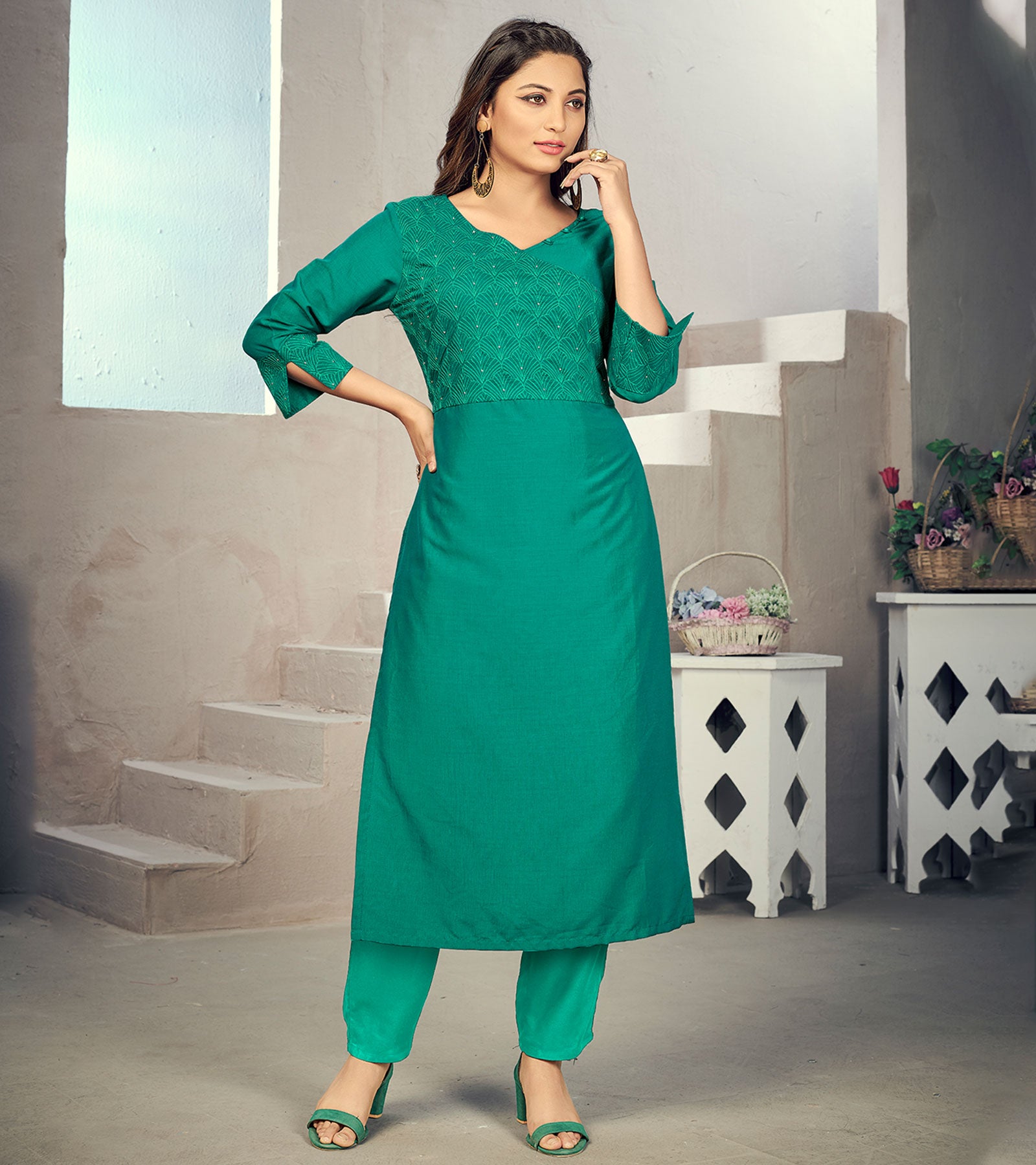 Laxmipati Maslin Ocean Blue Straight Cut Kurti Has Round Neck Variation , Embroidered Cufe & Different Yoke Pattern