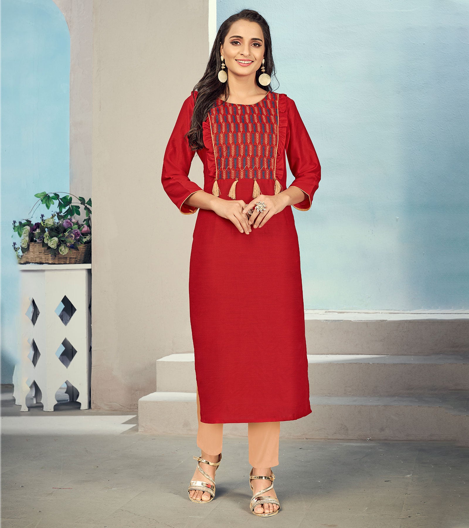 Laxmipati Maslin Punch Pink Straight Cut Kurti Has Round Neck Variation , Embroidered Cufe & Different Yoke Pattern