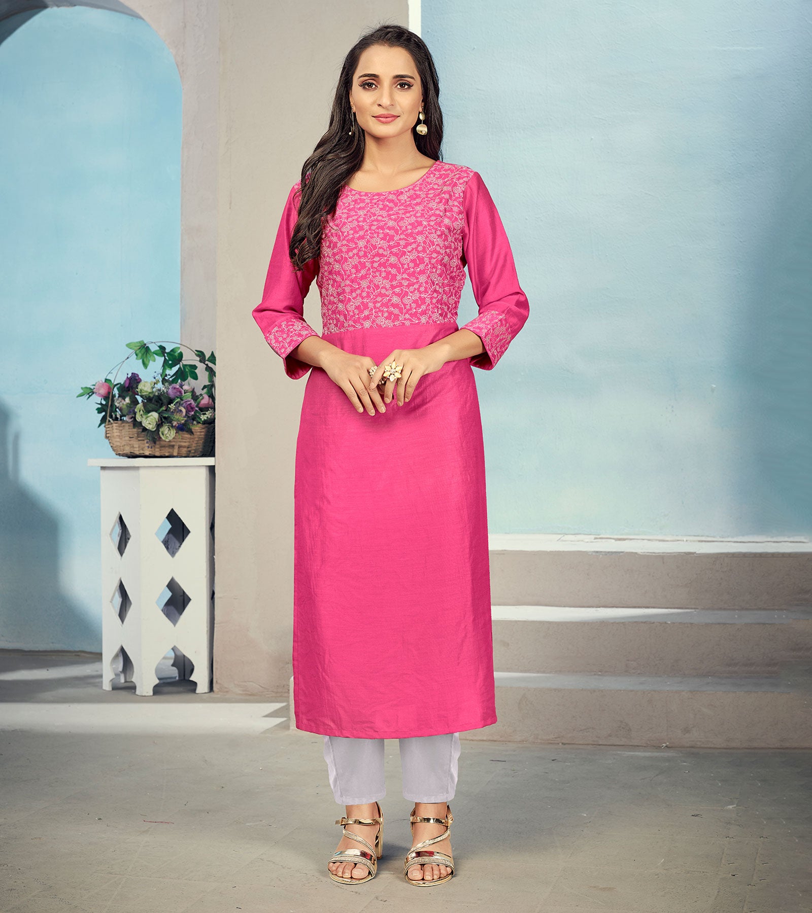 Laxmipati Maslin Ruby Red Straight Cut Kurti Has Round Neck Variation , Embroidered Cufe & Different Yoke Pattern
