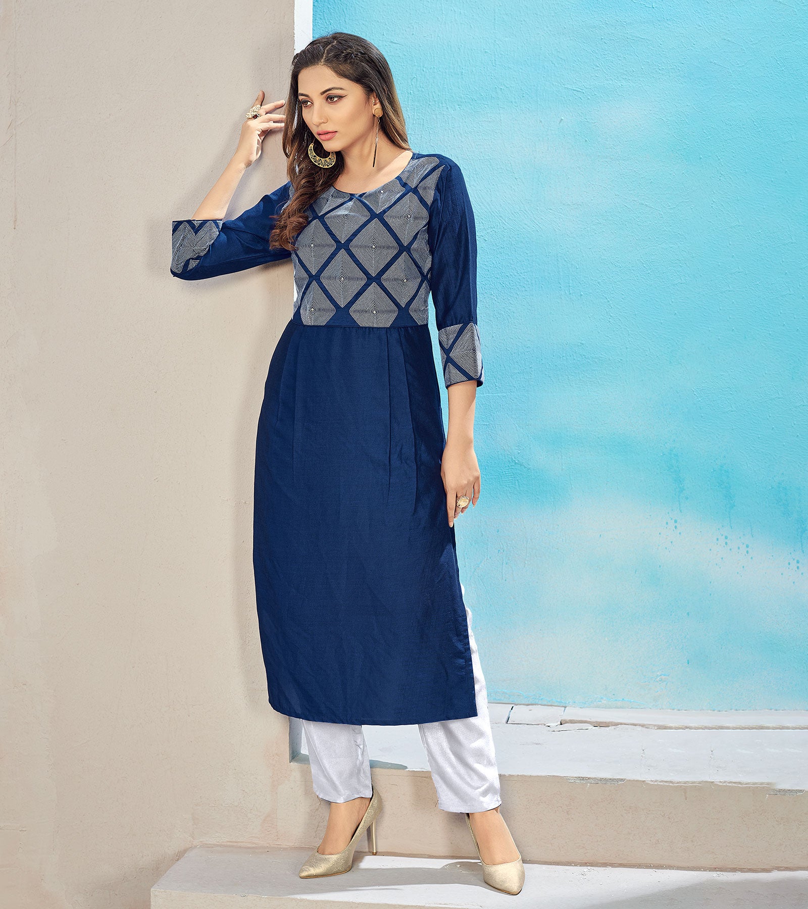 Laxmipati Maslin Navy Blue Straight Cut Kurti Has Round Neck Variation , Embroidered Cufe & Different Yoke Pattern