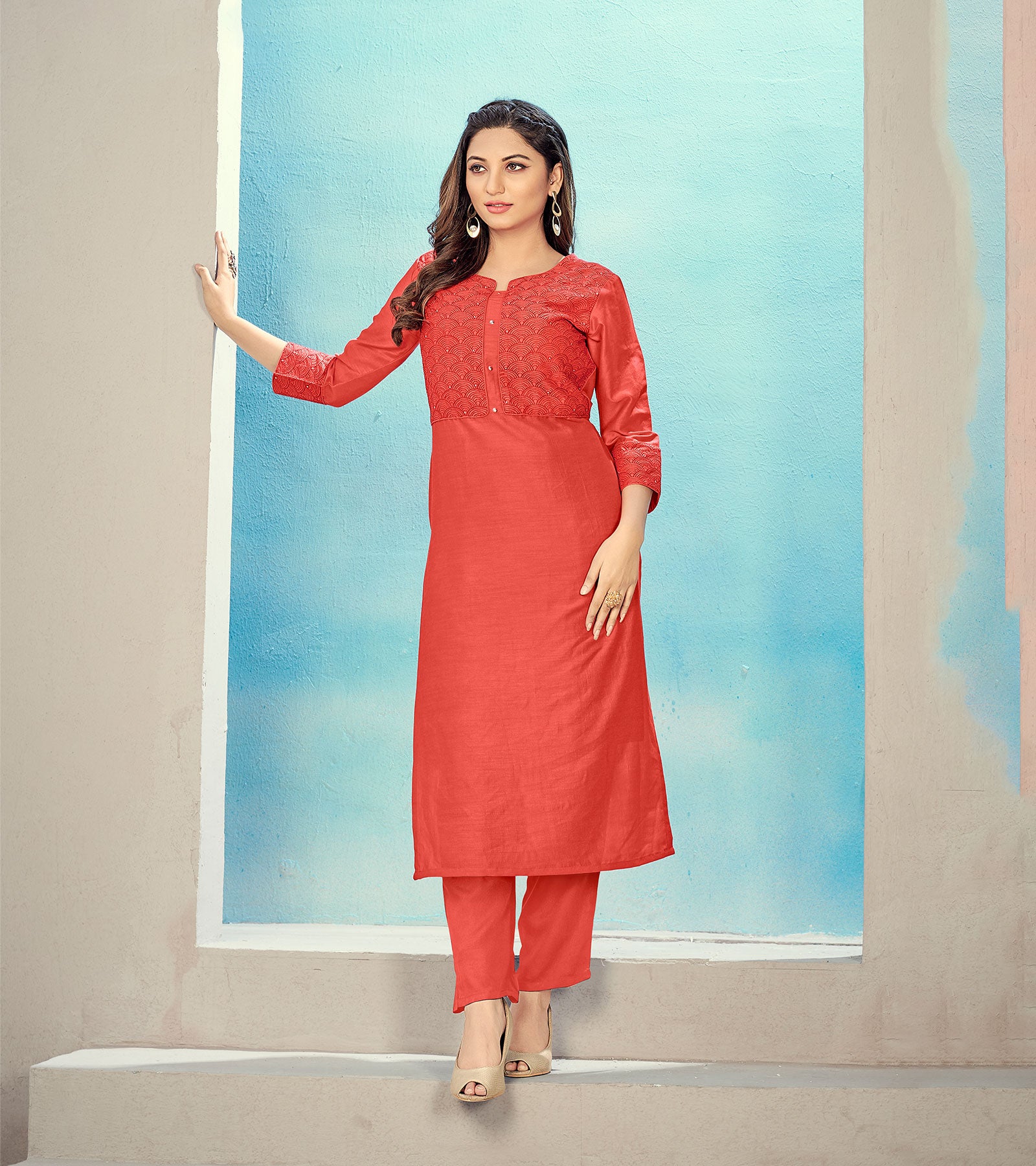 Laxmipati Maslin Harley Davidson Orange Straight Cut Kurti Has Round Neck Variation , Embroidered Cufe & Different Yoke Pattern