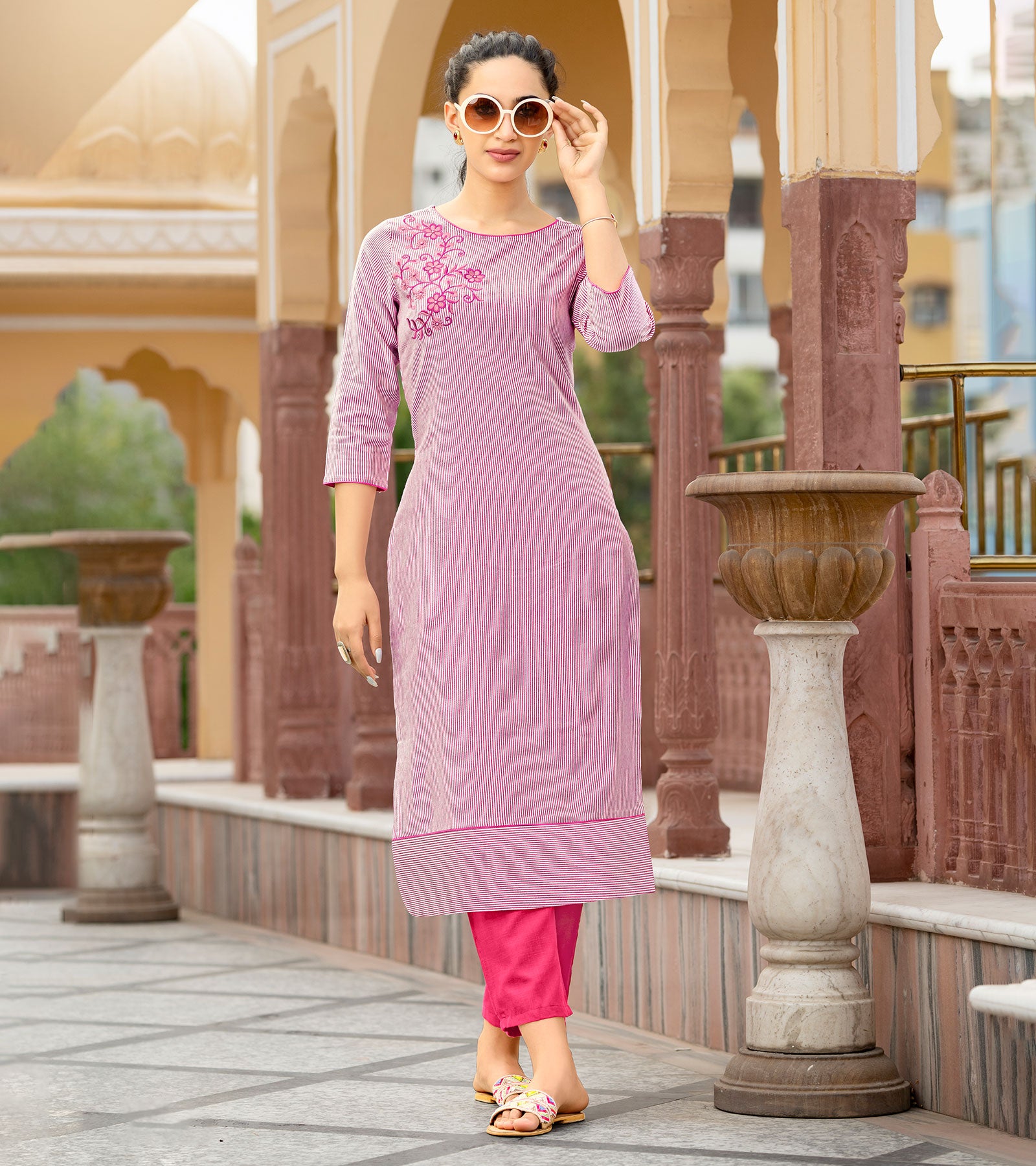Laxmipati Collage Cotton Blush Pink Straight Cut Kurti