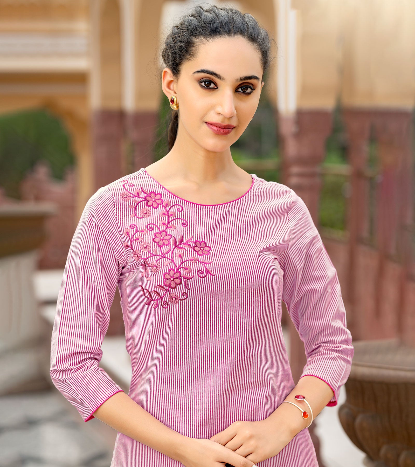Laxmipati Collage Cotton Blush Pink Straight Cut Kurti