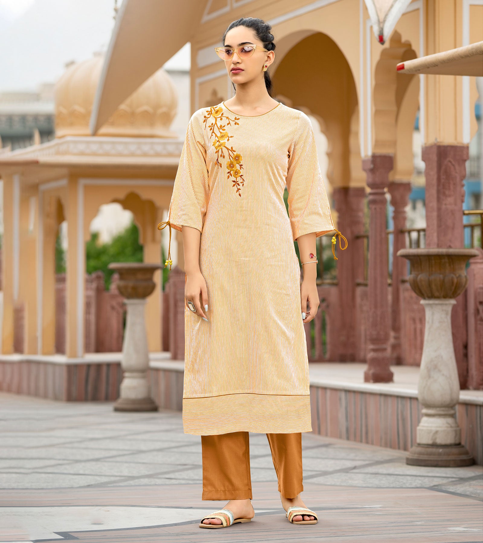 Laxmipati Collage Cotton Caramel Yellow Straight Cut Kurti