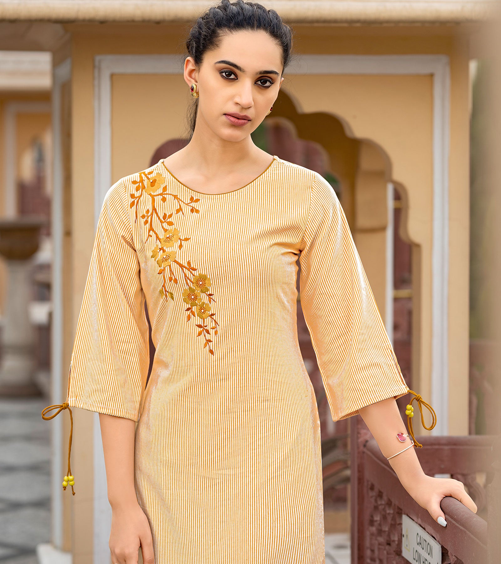 Laxmipati Collage Cotton Caramel Yellow Straight Cut Kurti