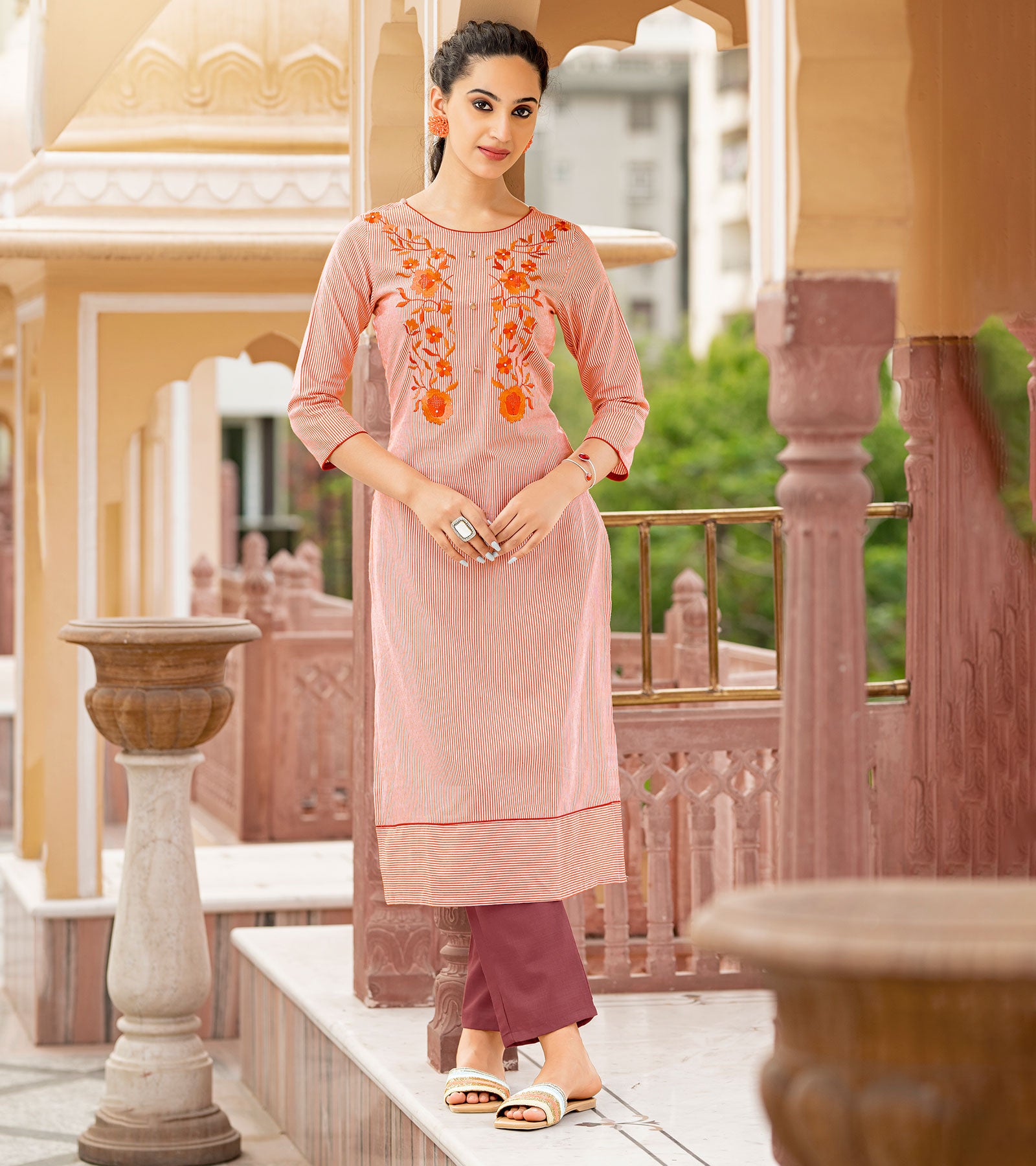Laxmipati Collage Cotton Sunset Orange Straight Cut Kurti
