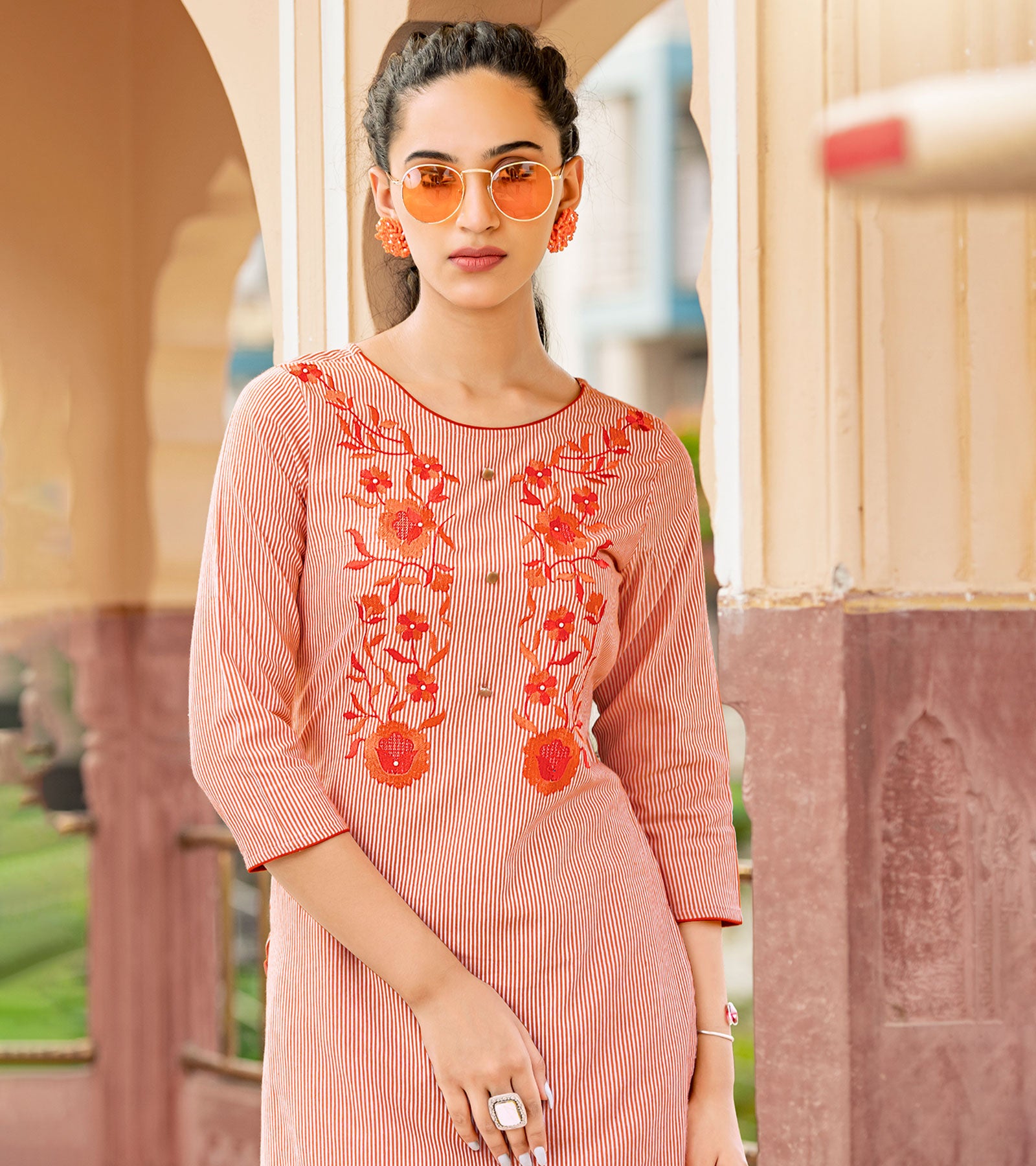 Laxmipati Collage Cotton Sunset Orange Straight Cut Kurti