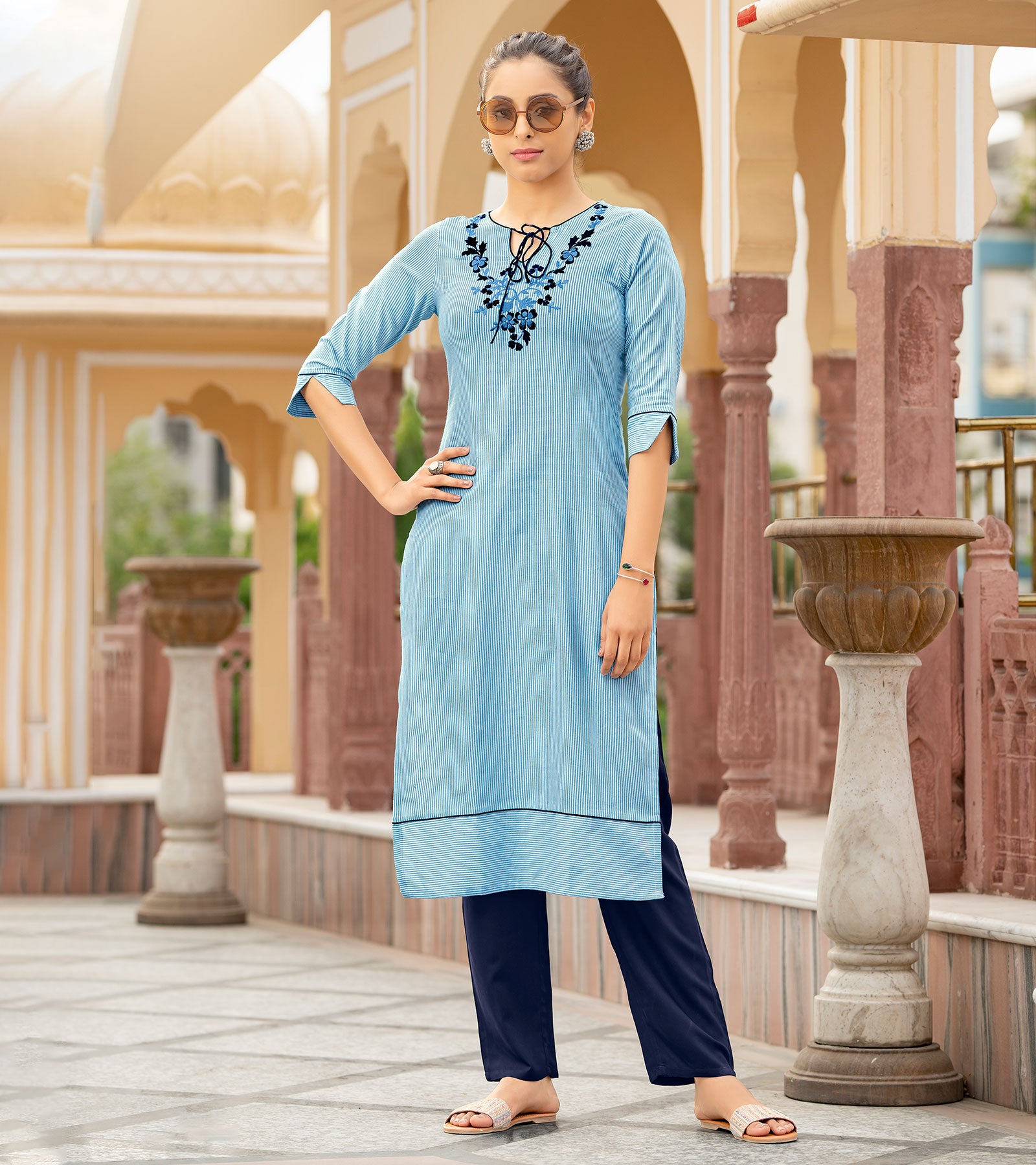 Laxmipati Collage Cotton Denim Blue Straight Cut Kurti