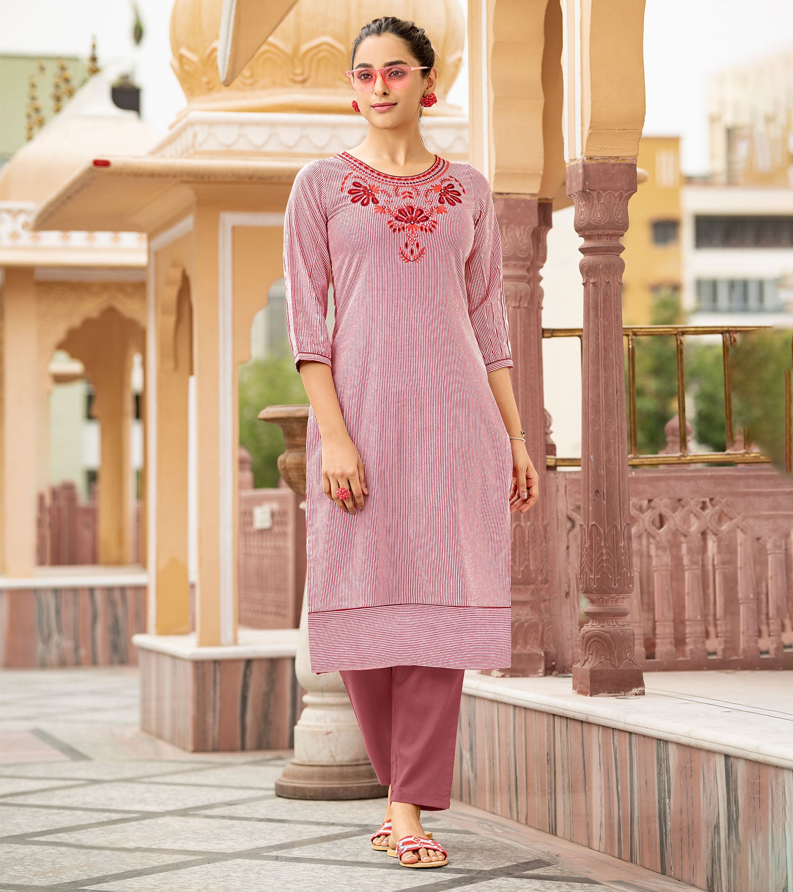 Laxmipati Collage Cotton Rust Maroon Straight Cut Kurti