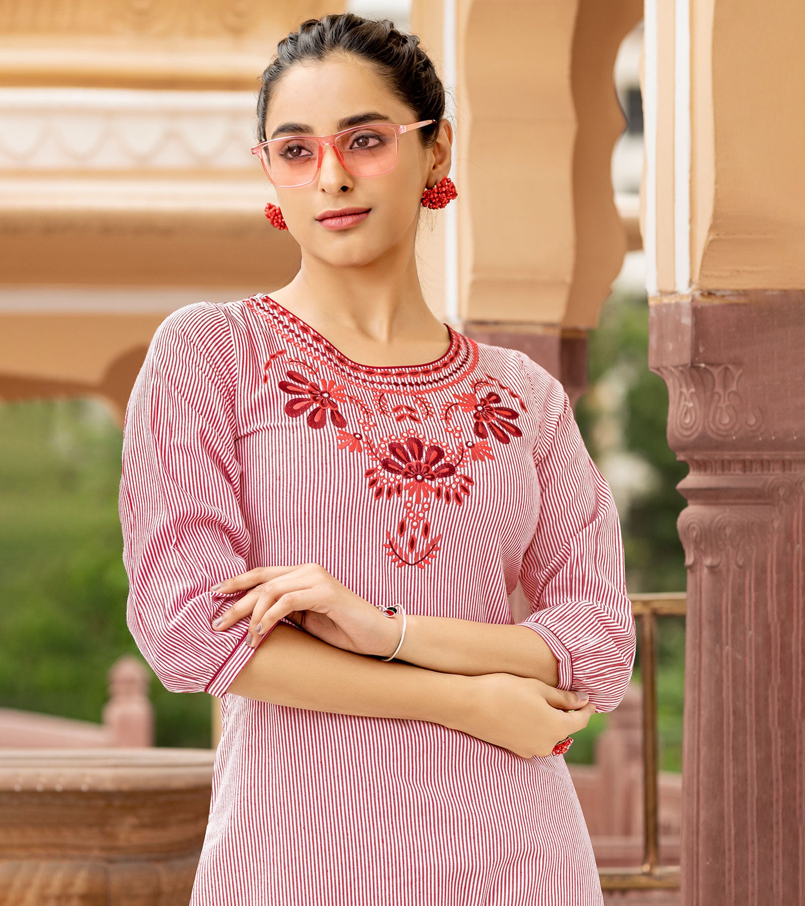 Laxmipati Collage Cotton Rust Maroon Straight Cut Kurti