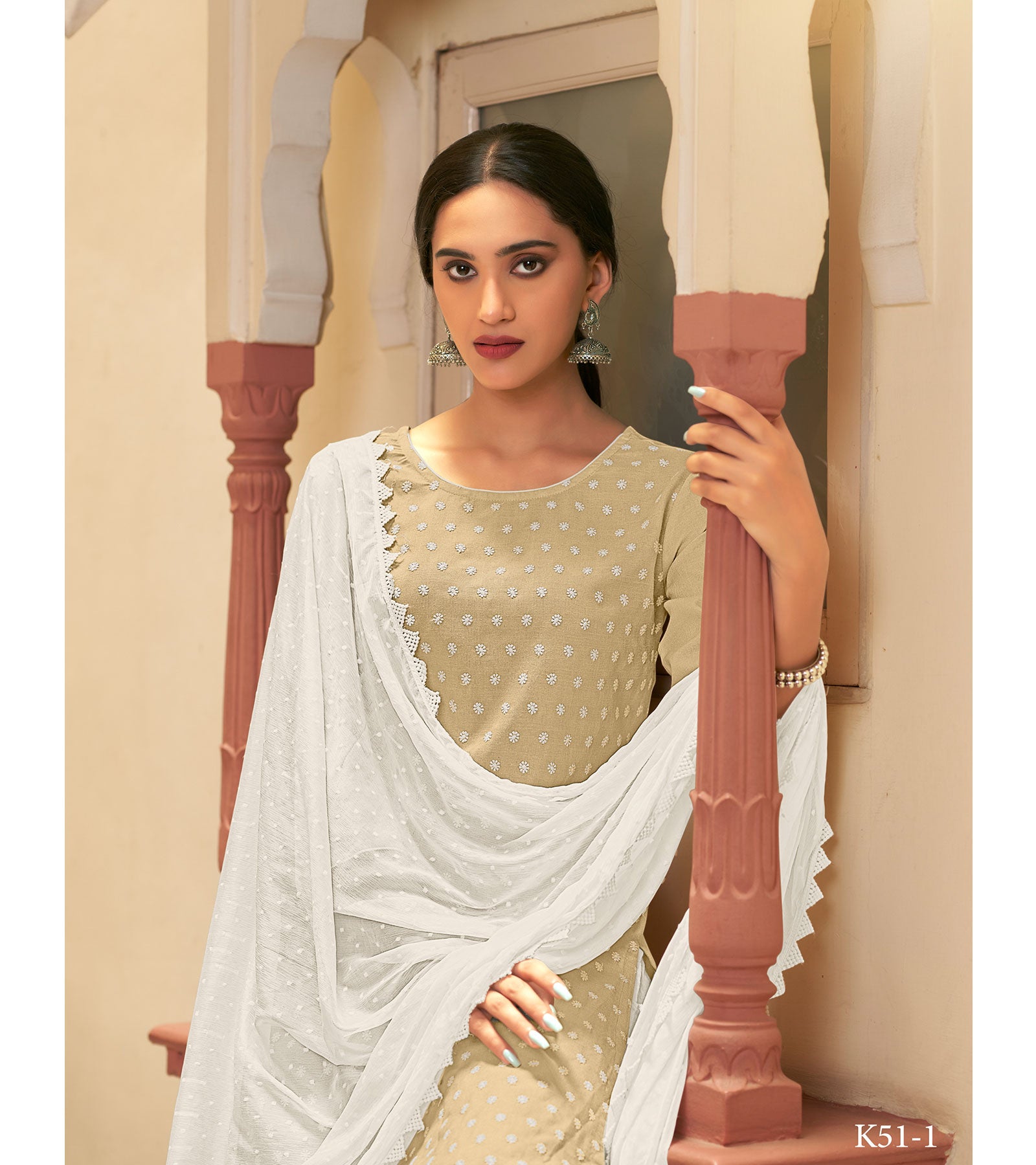 Laxmipati Ishaal Cotton Base Sand Straight Cut Kurti With Pant & Dupatta