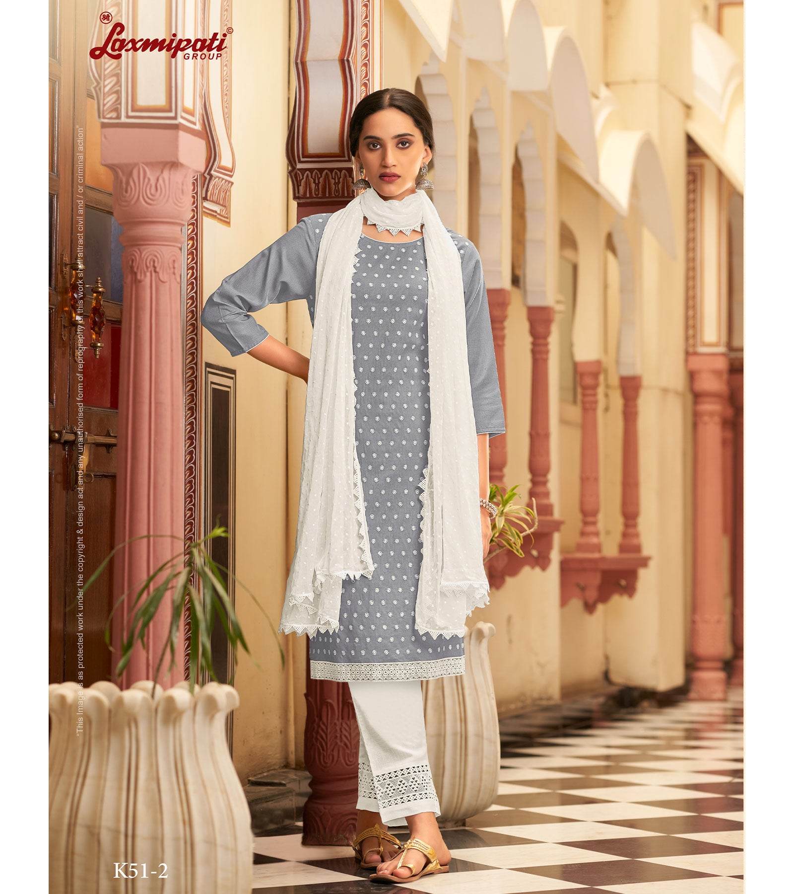 Laxmipati Ishaal Cotton Base Light Grey Straight Cut Kurti With Pant & Dupatta
