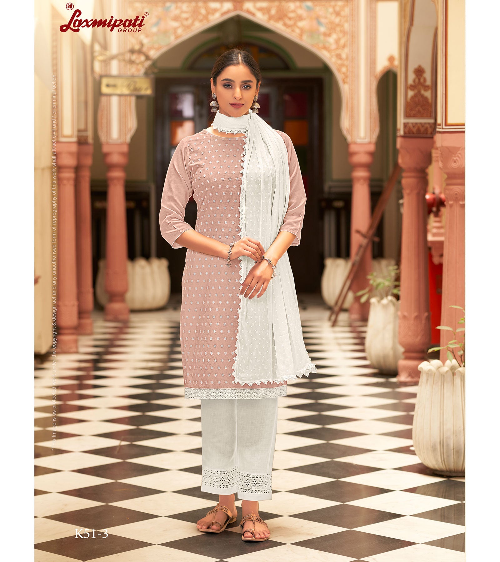 Laxmipati Ishaal Cotton Base Dusty Pink Straight Cut Kurti With Pant & Dupatta
